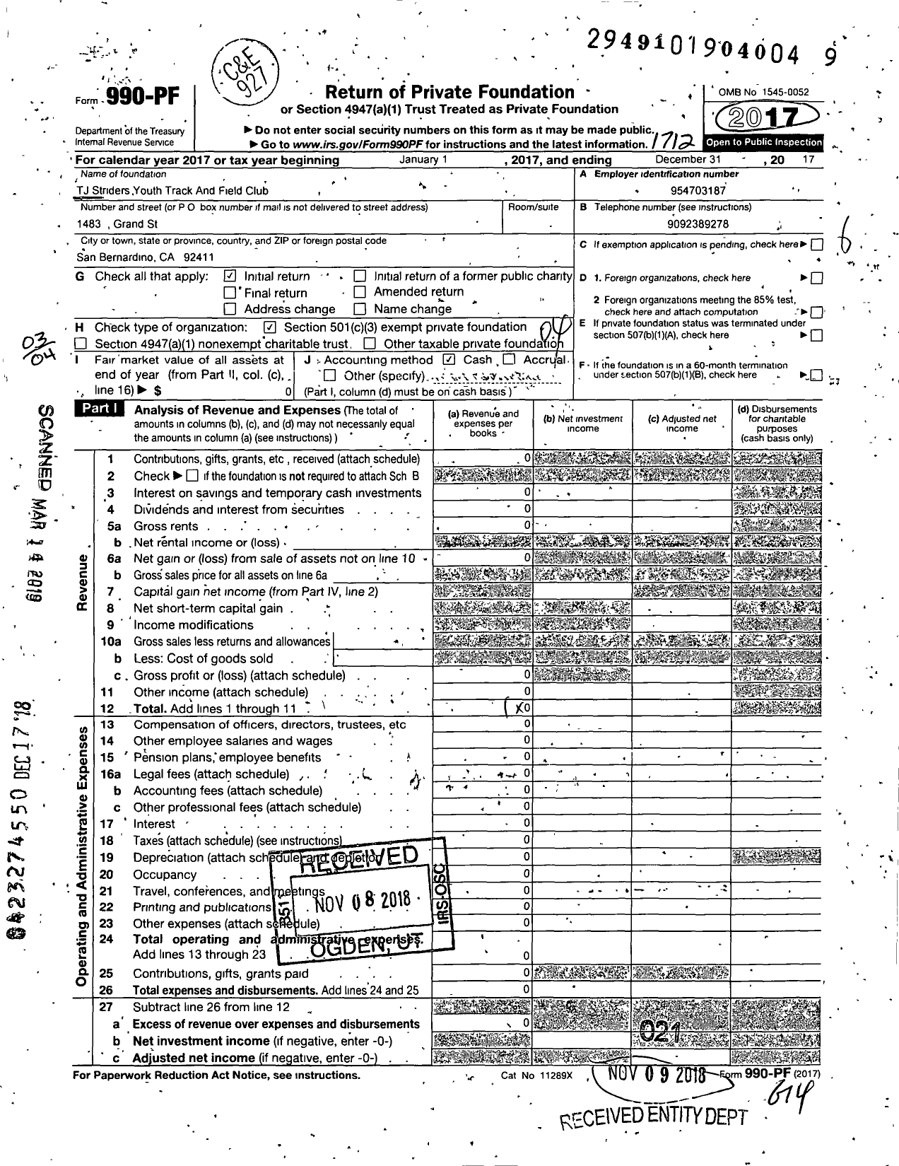 Image of first page of 2017 Form 990PF for TJ Striders Track and Field Club