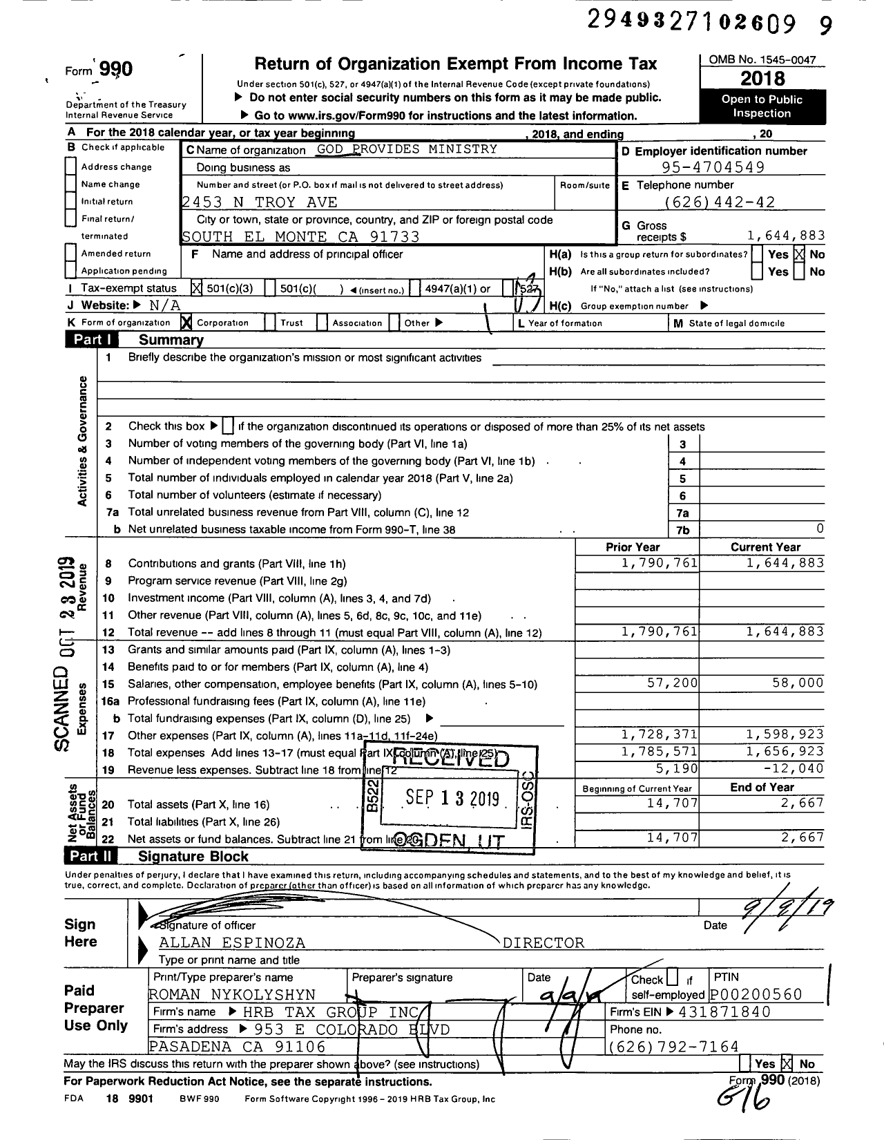 Image of first page of 2018 Form 990 for God Provides Ministry