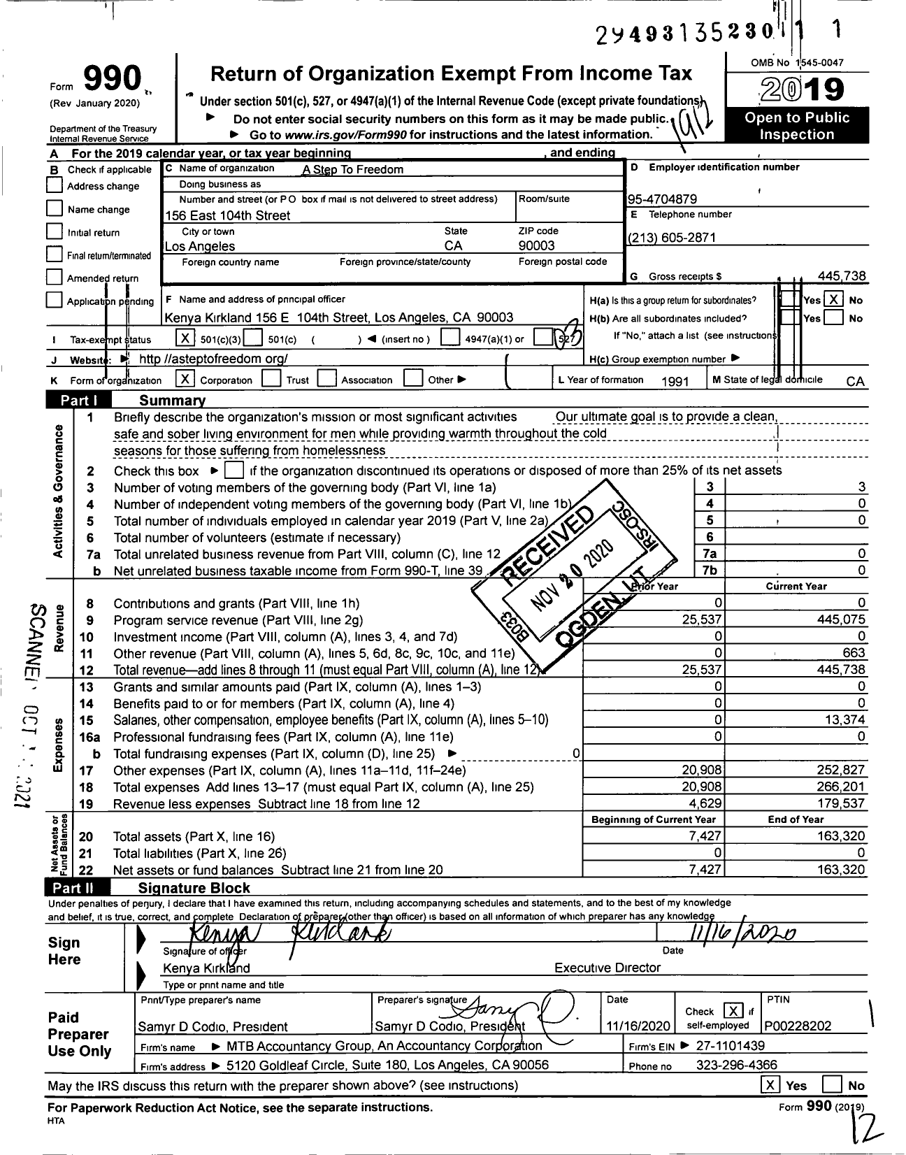 Image of first page of 2019 Form 990 for A Step to Freedom