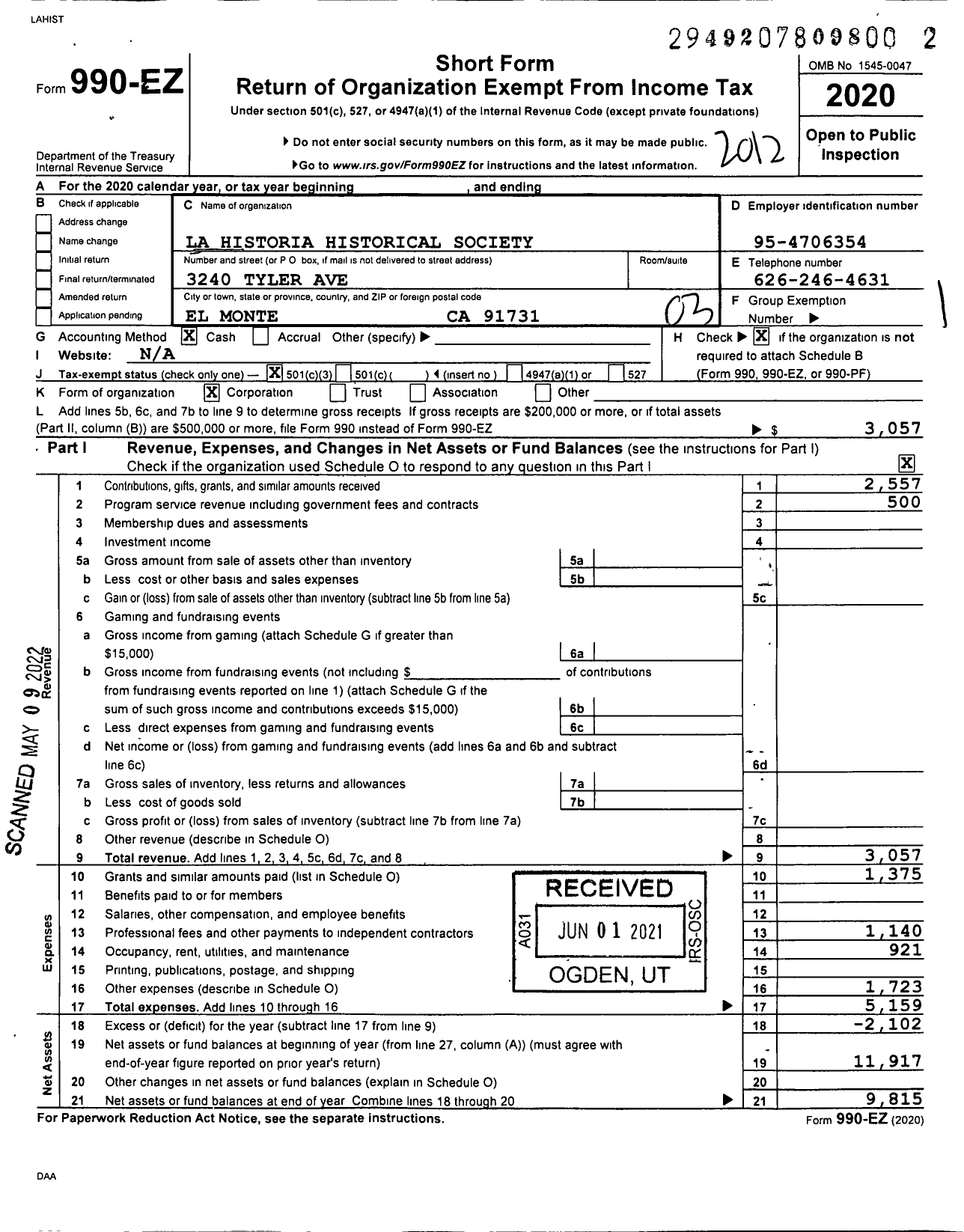 Image of first page of 2020 Form 990EZ for La Historia Historical Society