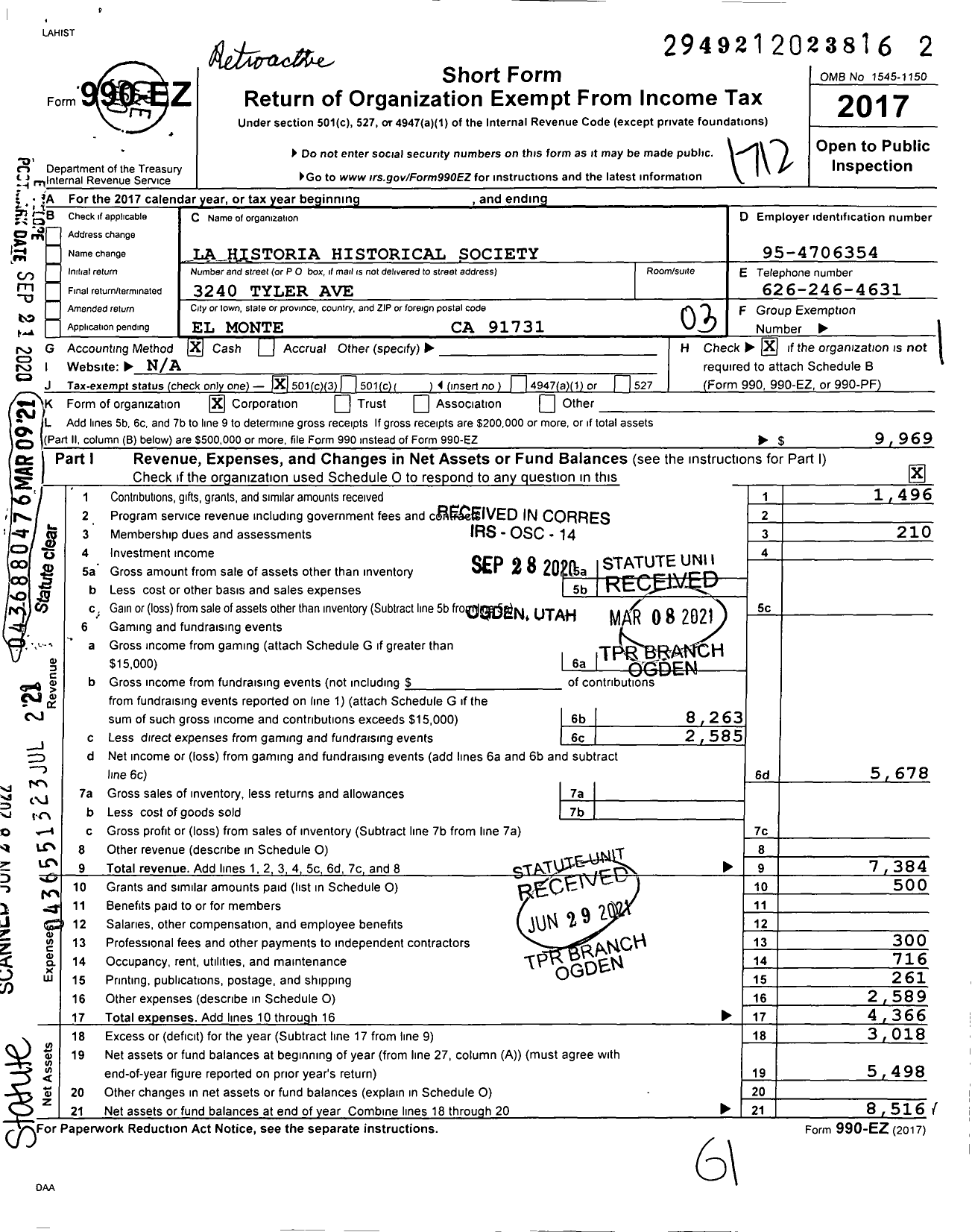 Image of first page of 2017 Form 990EZ for La Historia Historical Society