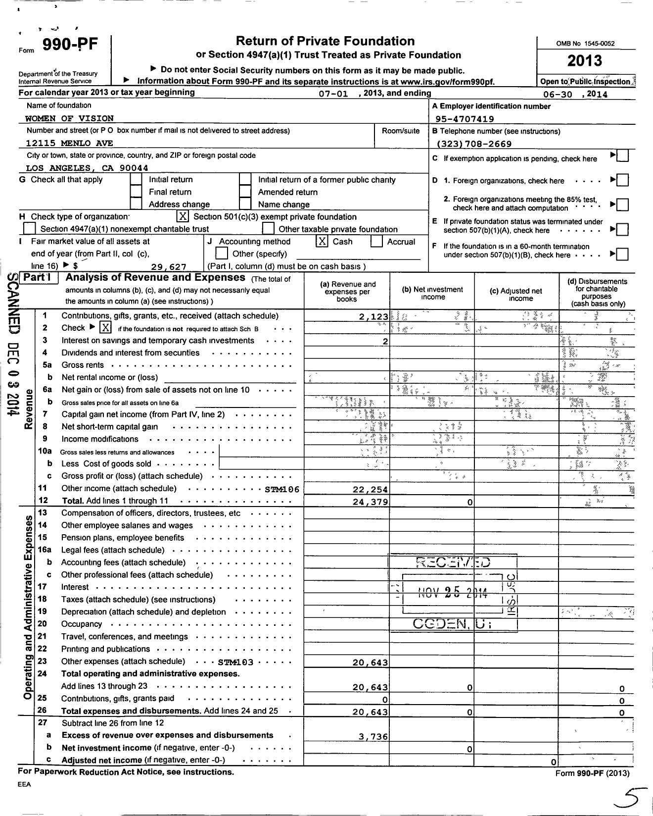 Image of first page of 2013 Form 990PF for Women of Vision