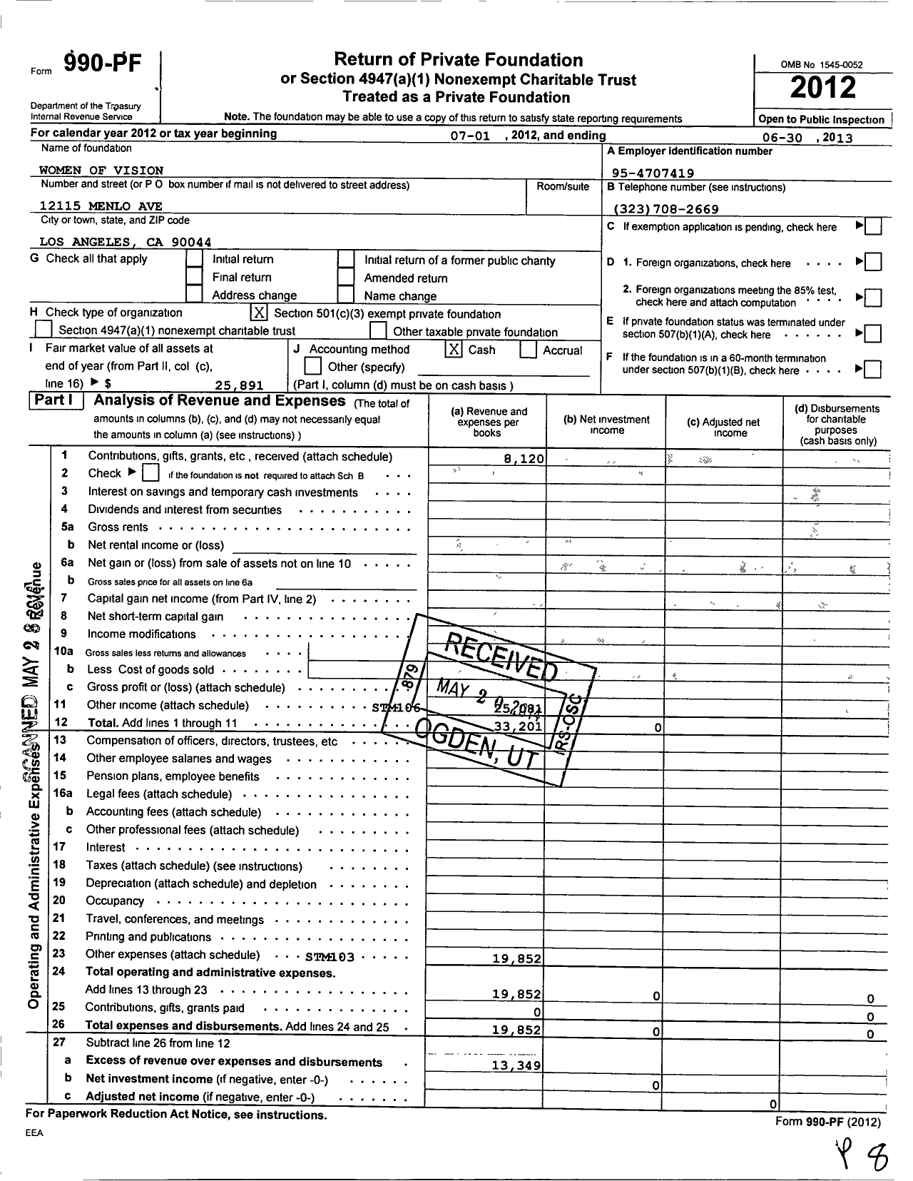 Image of first page of 2012 Form 990PF for Women of Vision