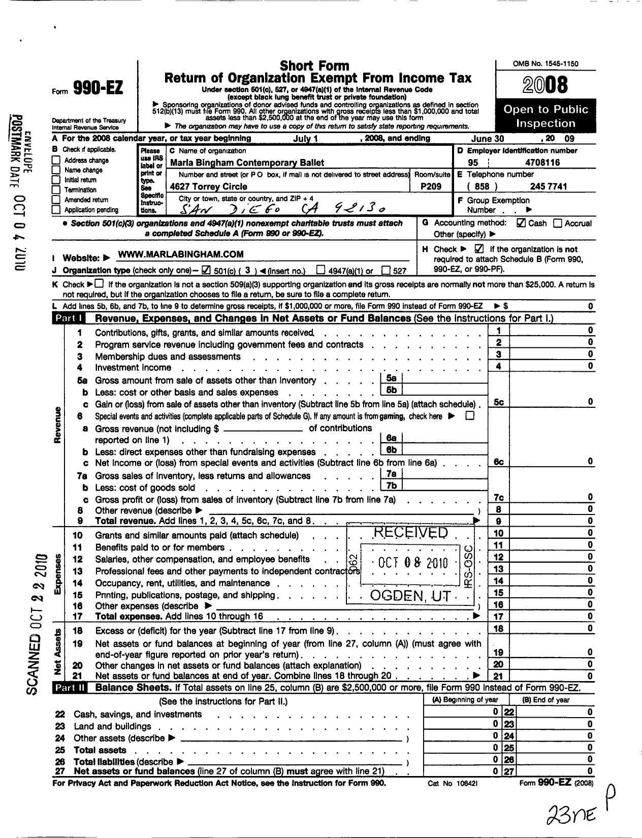 Image of first page of 2008 Form 990EZ for Marla Bingham Contemporary Ballet