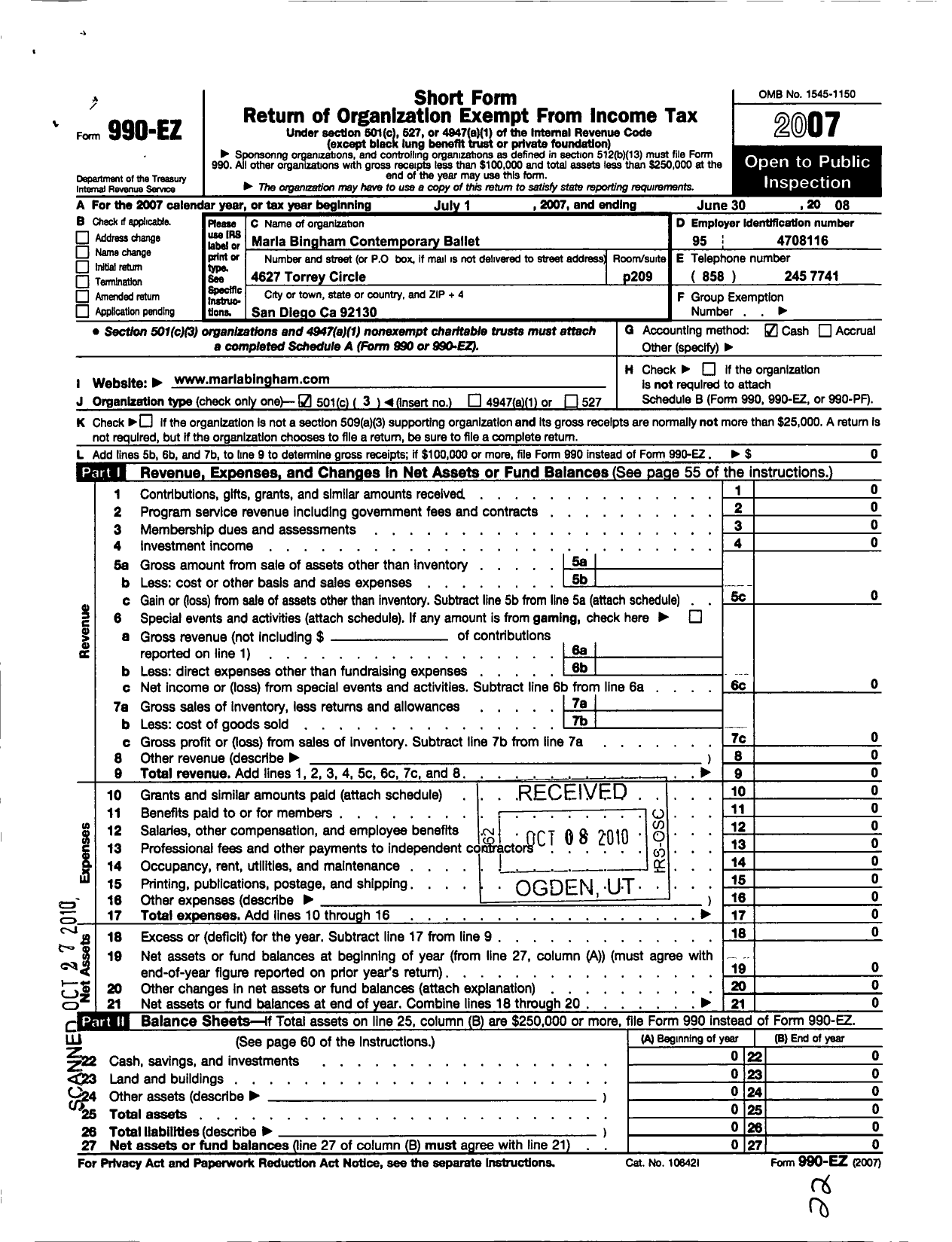 Image of first page of 2007 Form 990EZ for Marla Bingham Contemporary Ballet