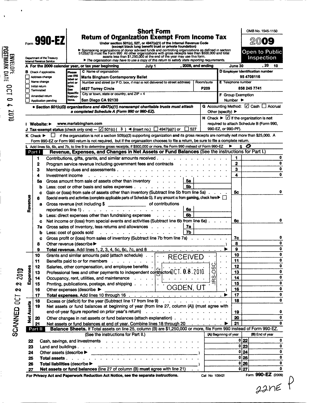 Image of first page of 2009 Form 990EZ for Marla Bingham Contemporary Ballet