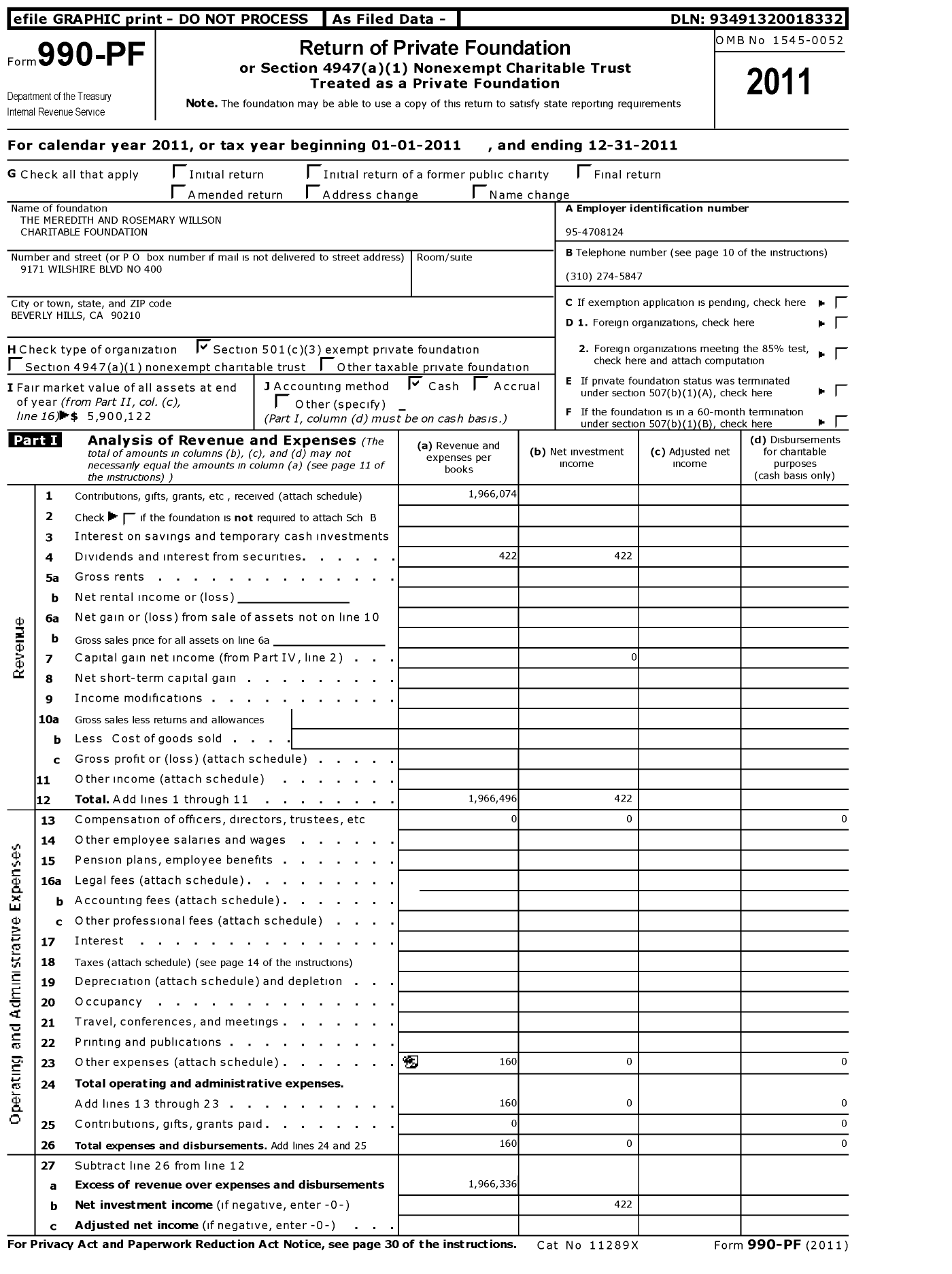 Image of first page of 2011 Form 990PF for Meredith and Rosemary Willson Charitable Foundation