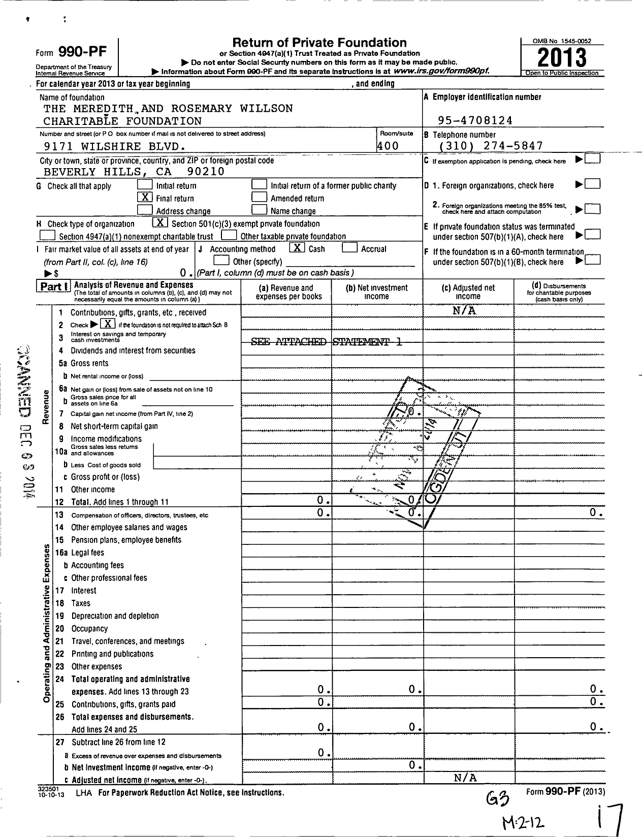 Image of first page of 2013 Form 990PF for Meredith and Rosemary Willson Charitable Foundation