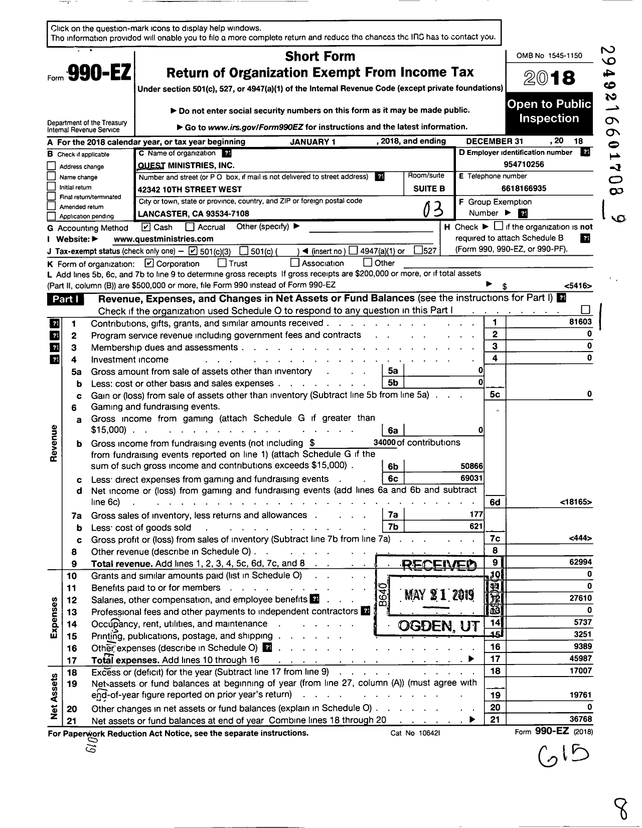 Image of first page of 2018 Form 990EZ for Quest Ministries