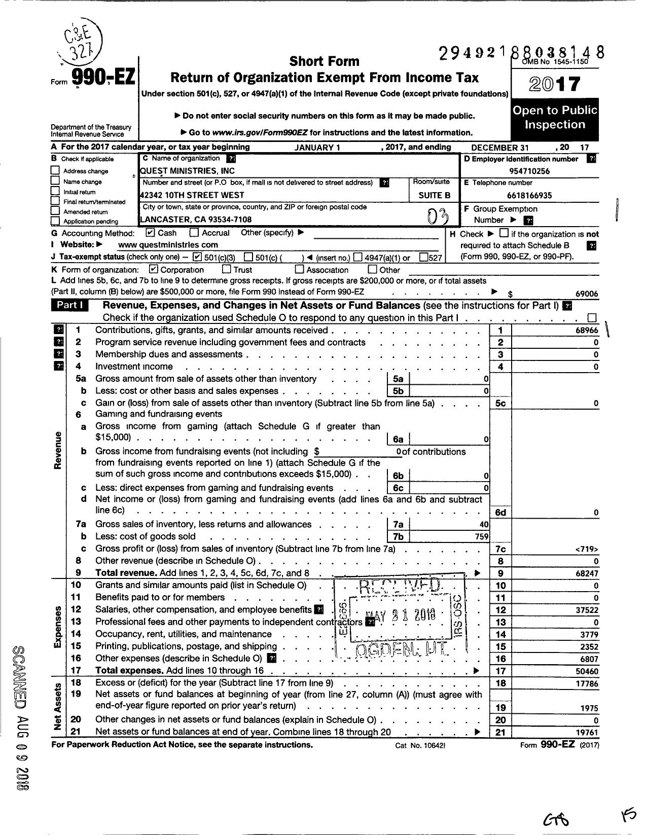 Image of first page of 2017 Form 990EZ for Quest Ministries