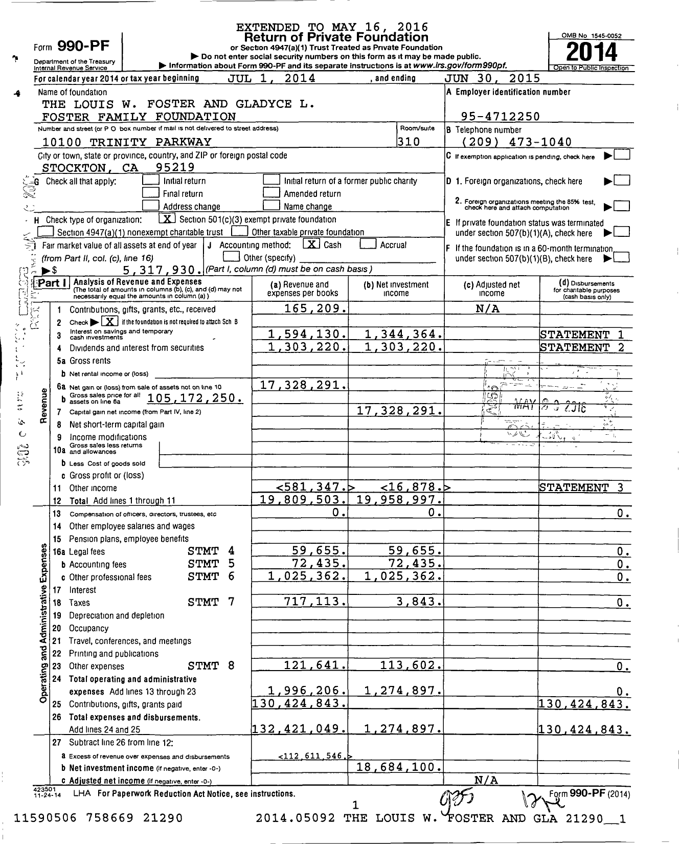 Image of first page of 2014 Form 990PF for The Louis W Foster and Gladyce L Foster Family Foundation