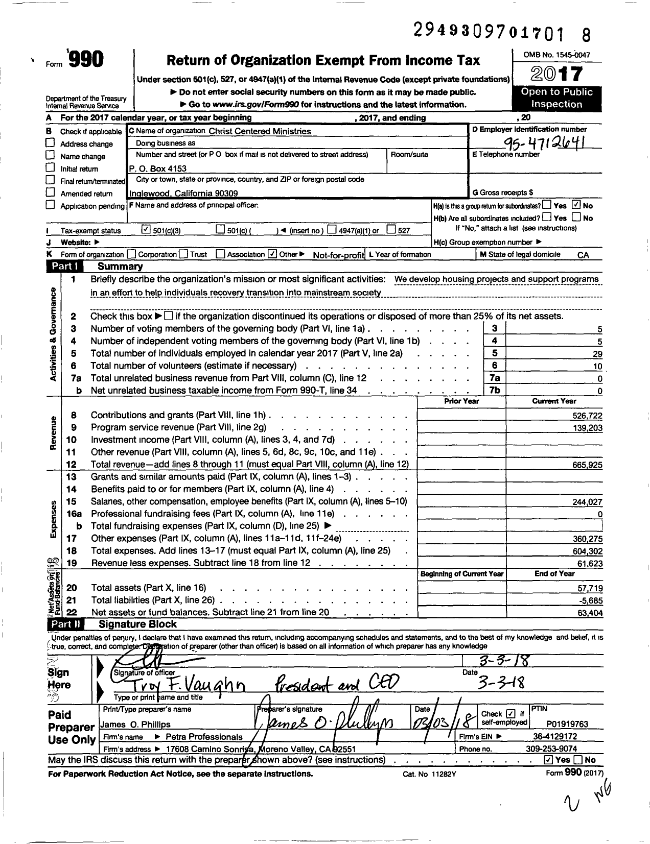 Image of first page of 2017 Form 990 for Christ-Centered Ministries