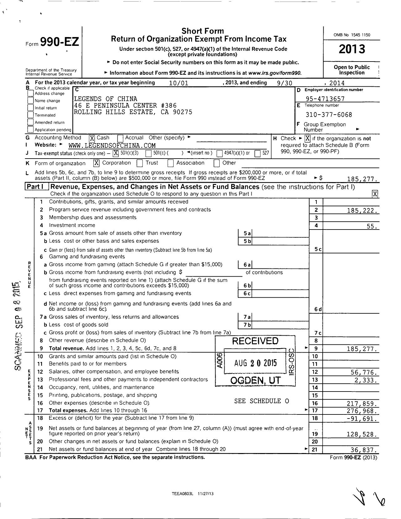 Image of first page of 2013 Form 990EZ for Legends of China