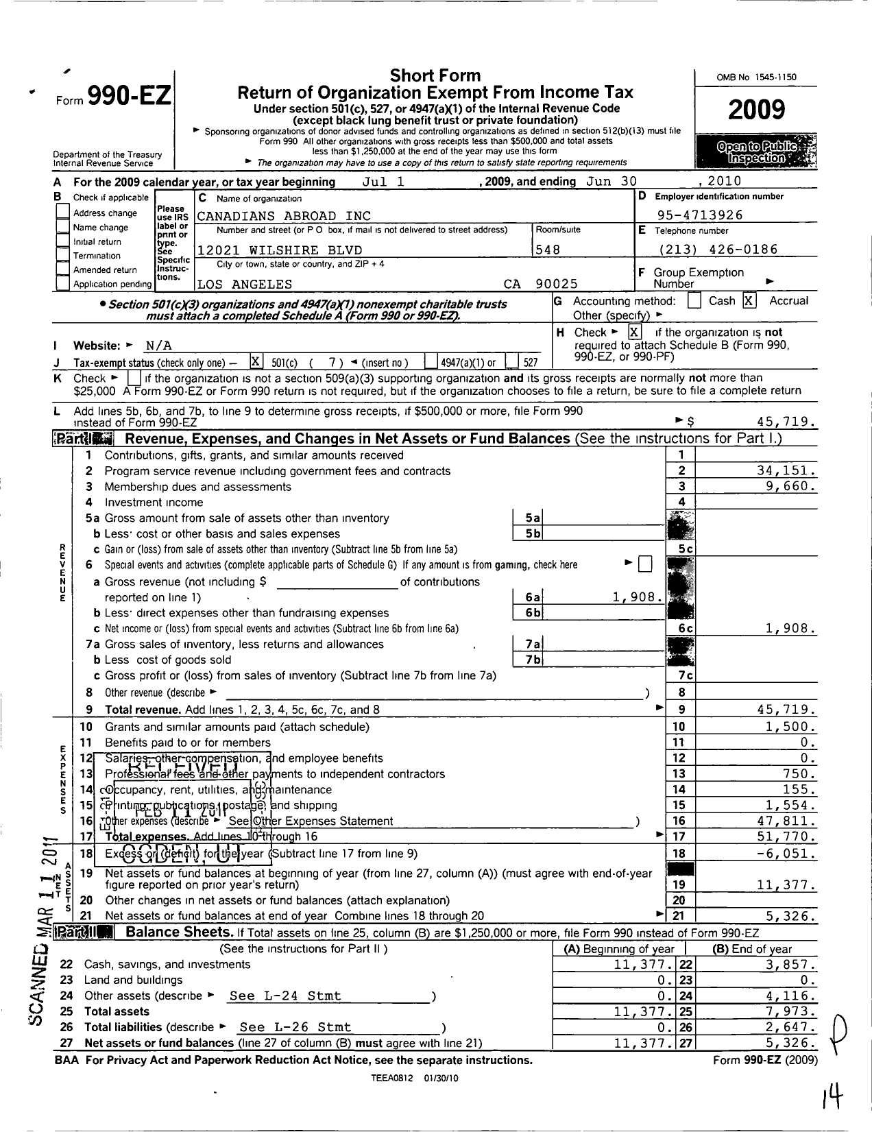 Image of first page of 2009 Form 990EO for Canadians Abroad