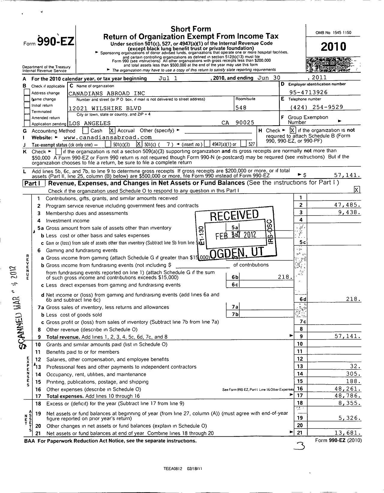 Image of first page of 2010 Form 990EO for Canadians Abroad