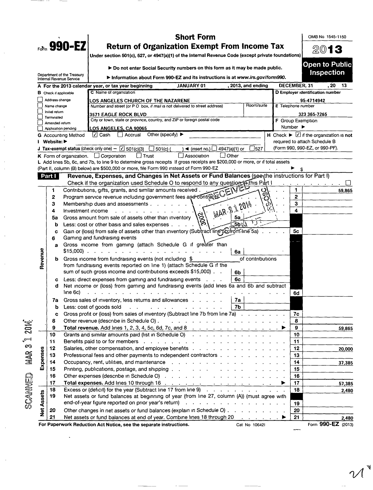 Image of first page of 2013 Form 990EZ for North Los Angeles Church of the Naz Church of the Nazarene