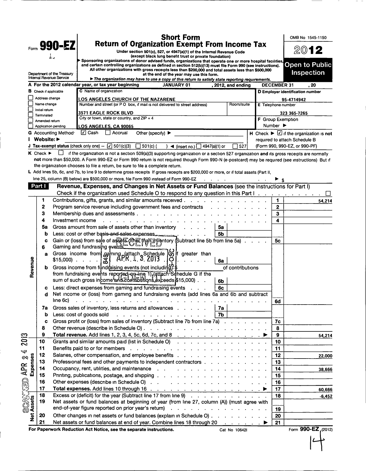 Image of first page of 2012 Form 990EZ for North Los Angeles Church of the Naz Church of the Nazarene