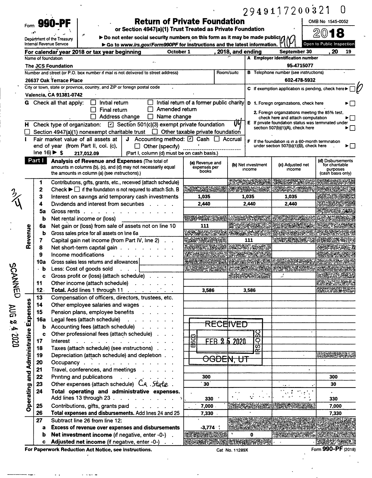 Image of first page of 2018 Form 990PR for JCS Foundation