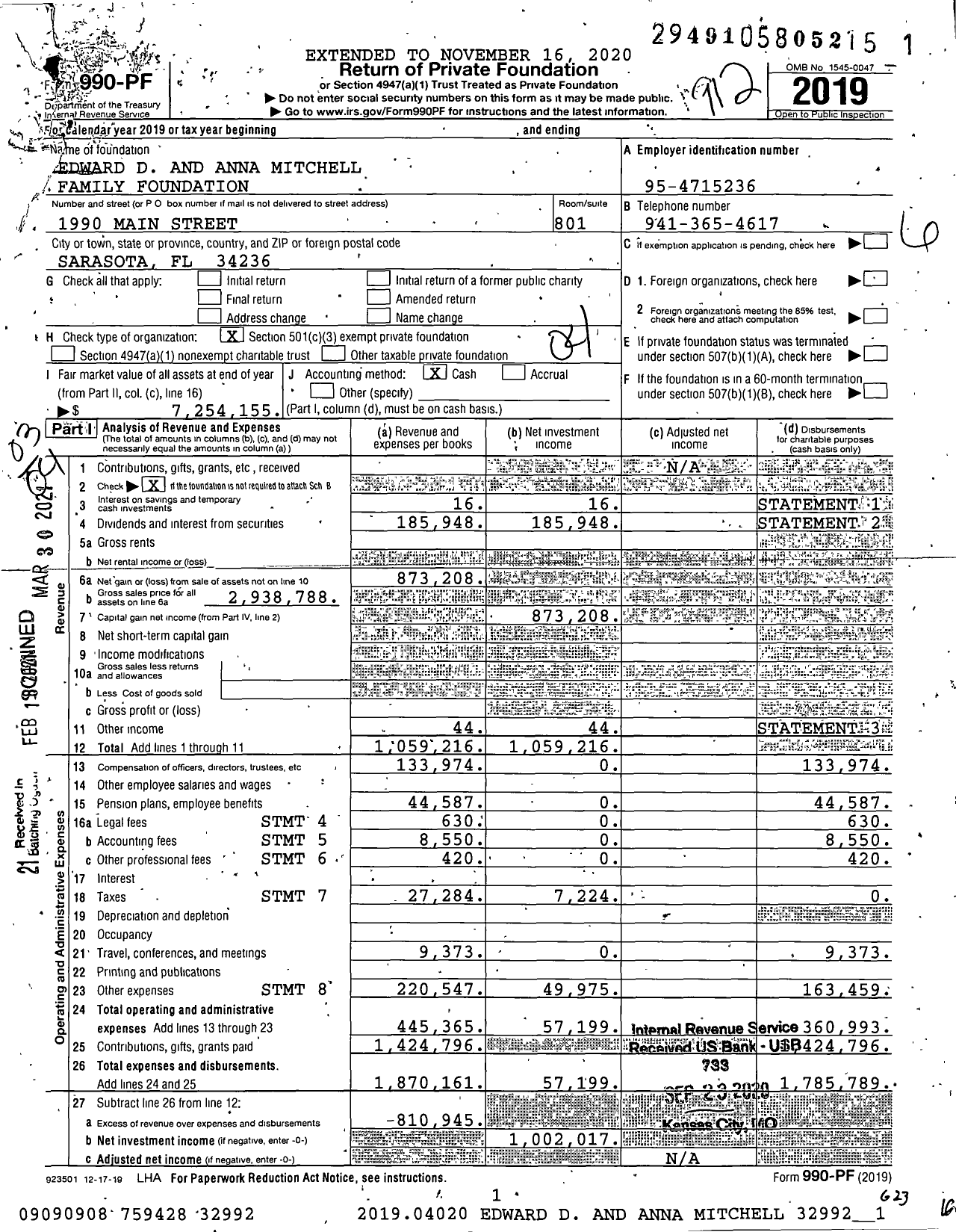 Image of first page of 2019 Form 990PF for Edward D and Anna Mitchell Family Foundation