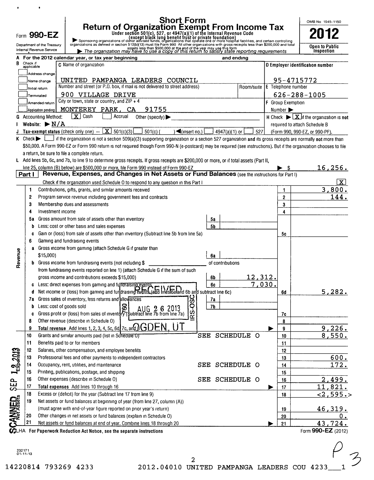 Image of first page of 2012 Form 990EZ for United Pampanga Leaders Council