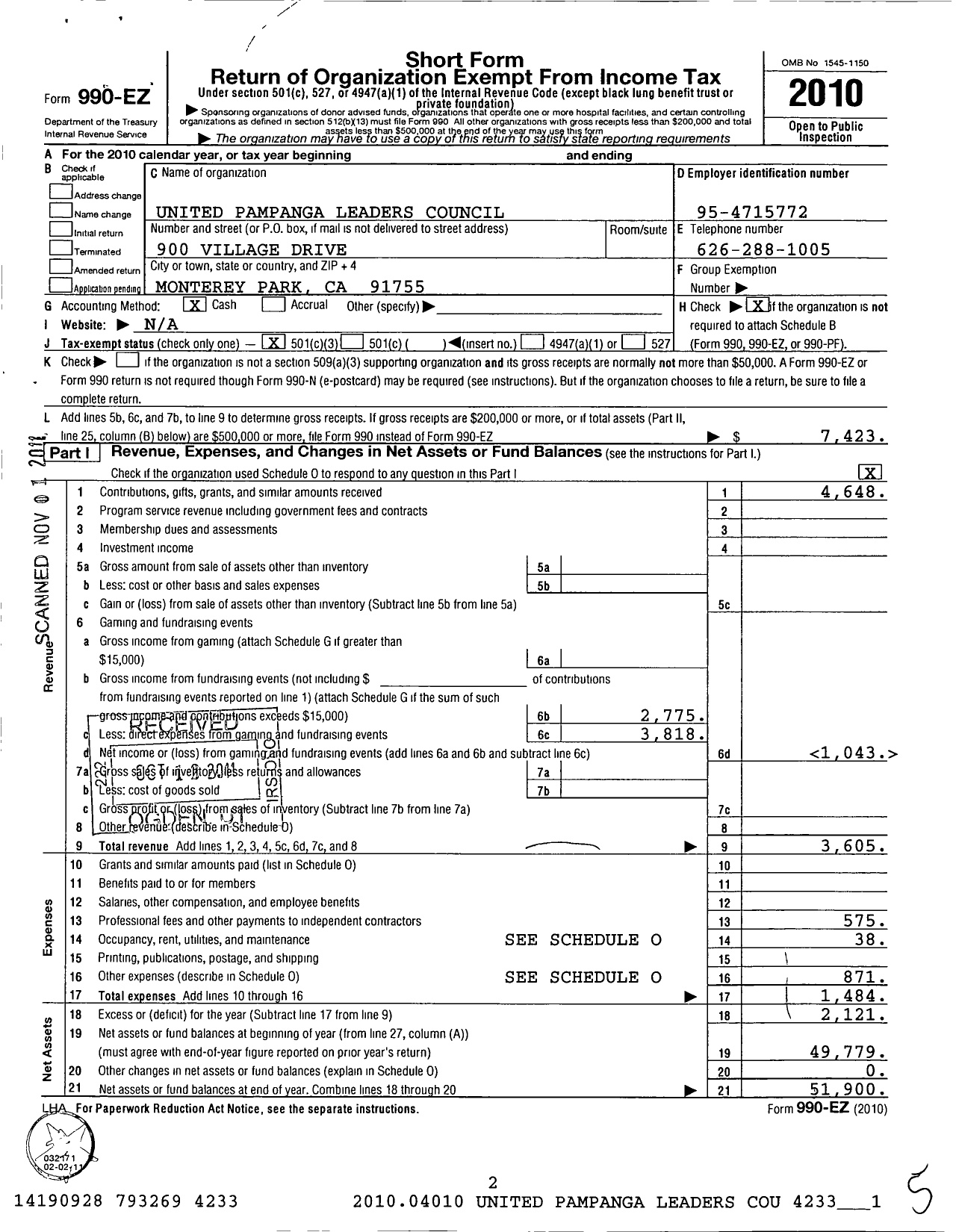 Image of first page of 2010 Form 990EZ for United Pampanga Leaders Council