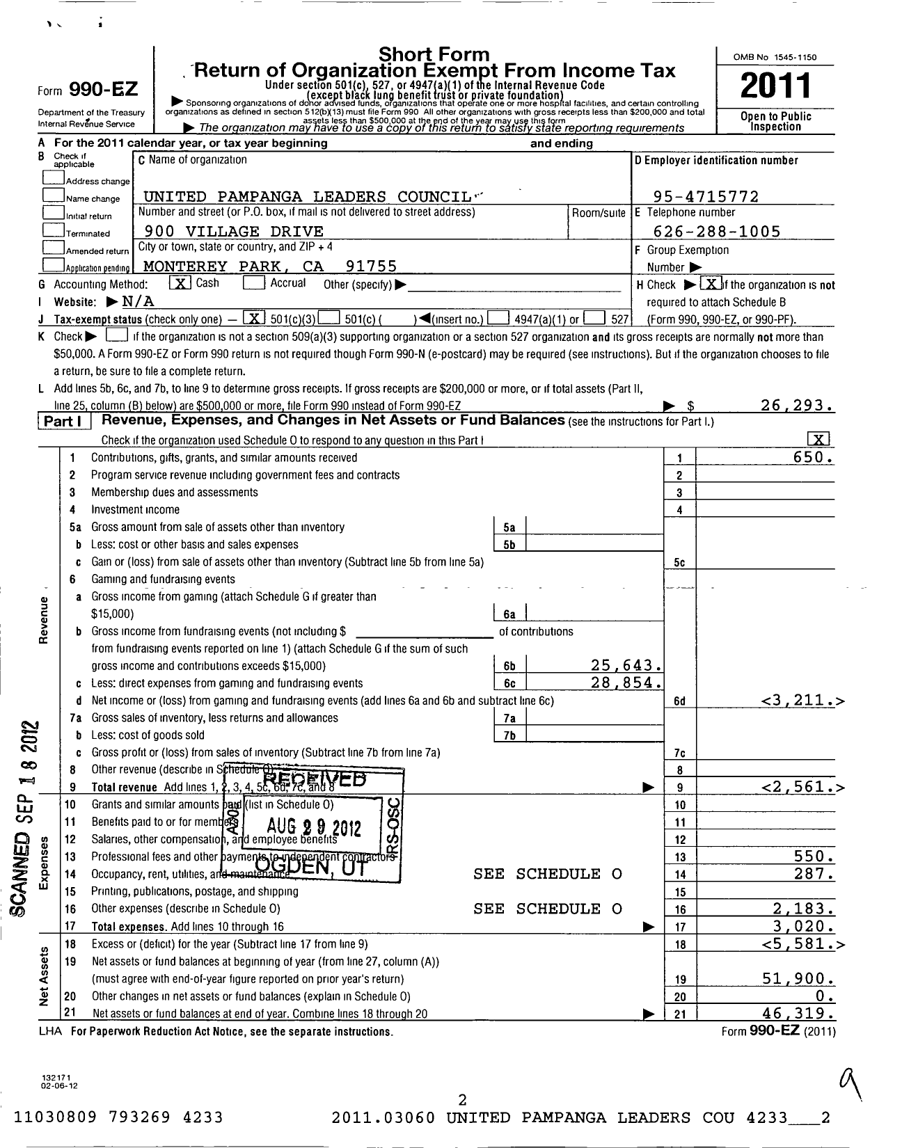 Image of first page of 2011 Form 990EZ for United Pampanga Leaders Council