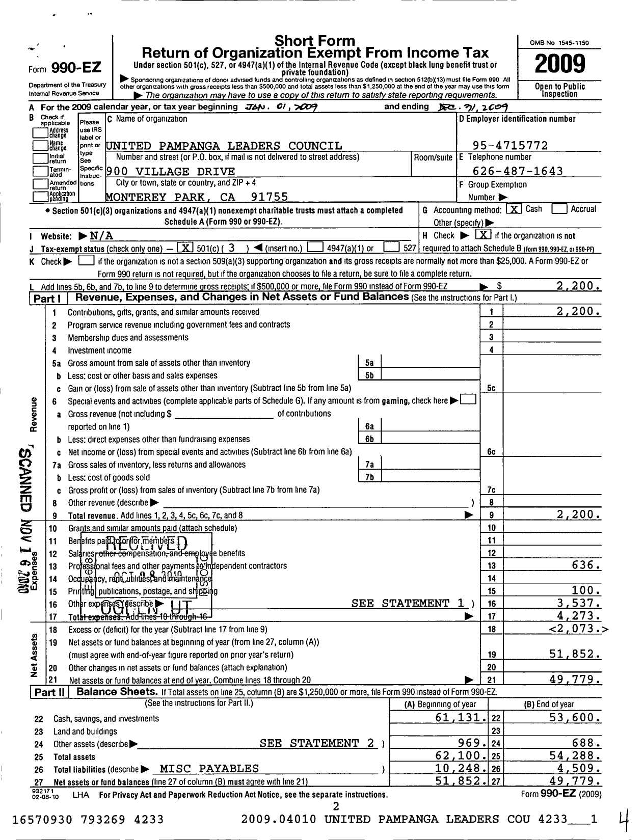 Image of first page of 2009 Form 990EZ for United Pampanga Leaders Council