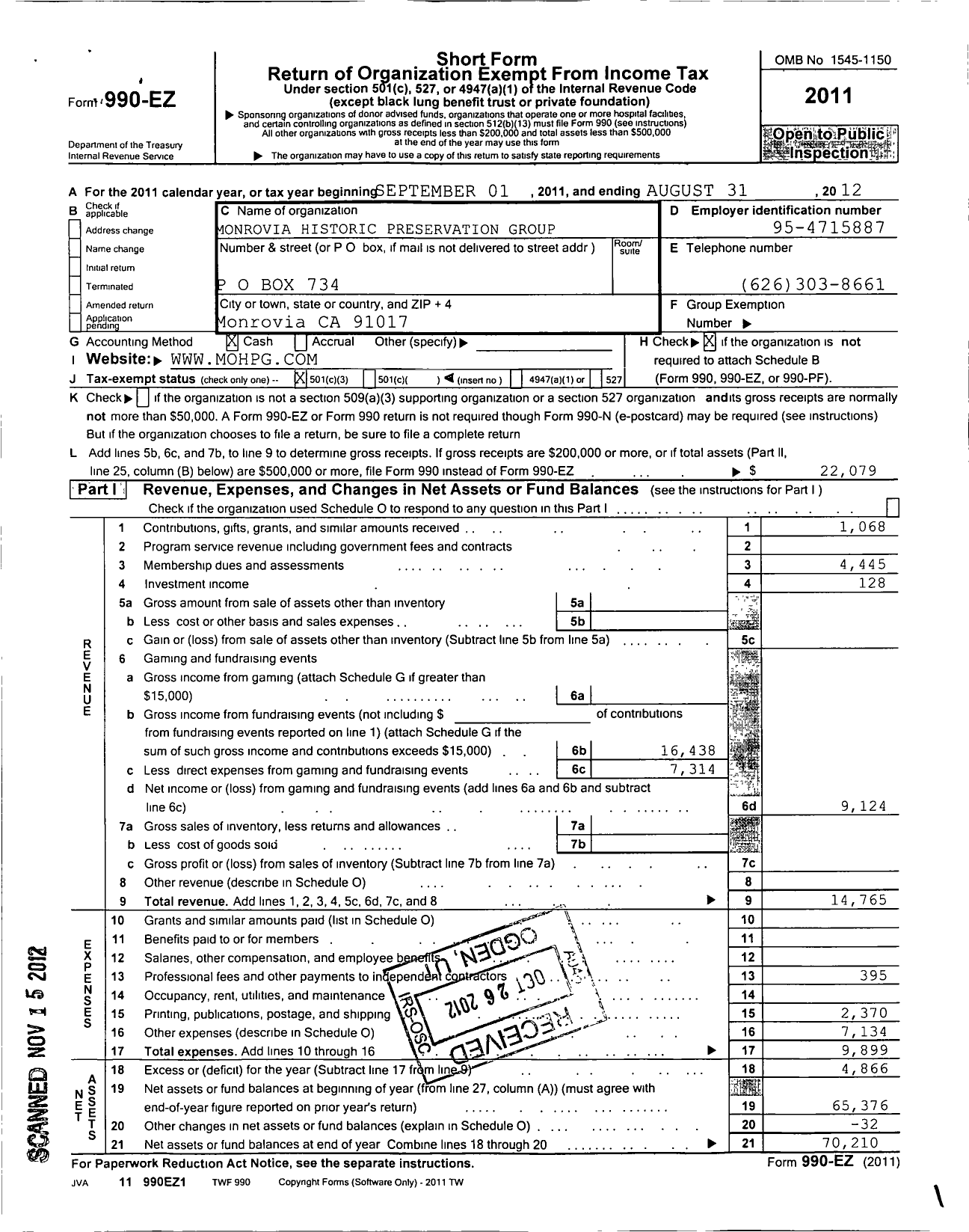 Image of first page of 2011 Form 990EZ for Monrovia Historic Preservation Group (MOHPG)