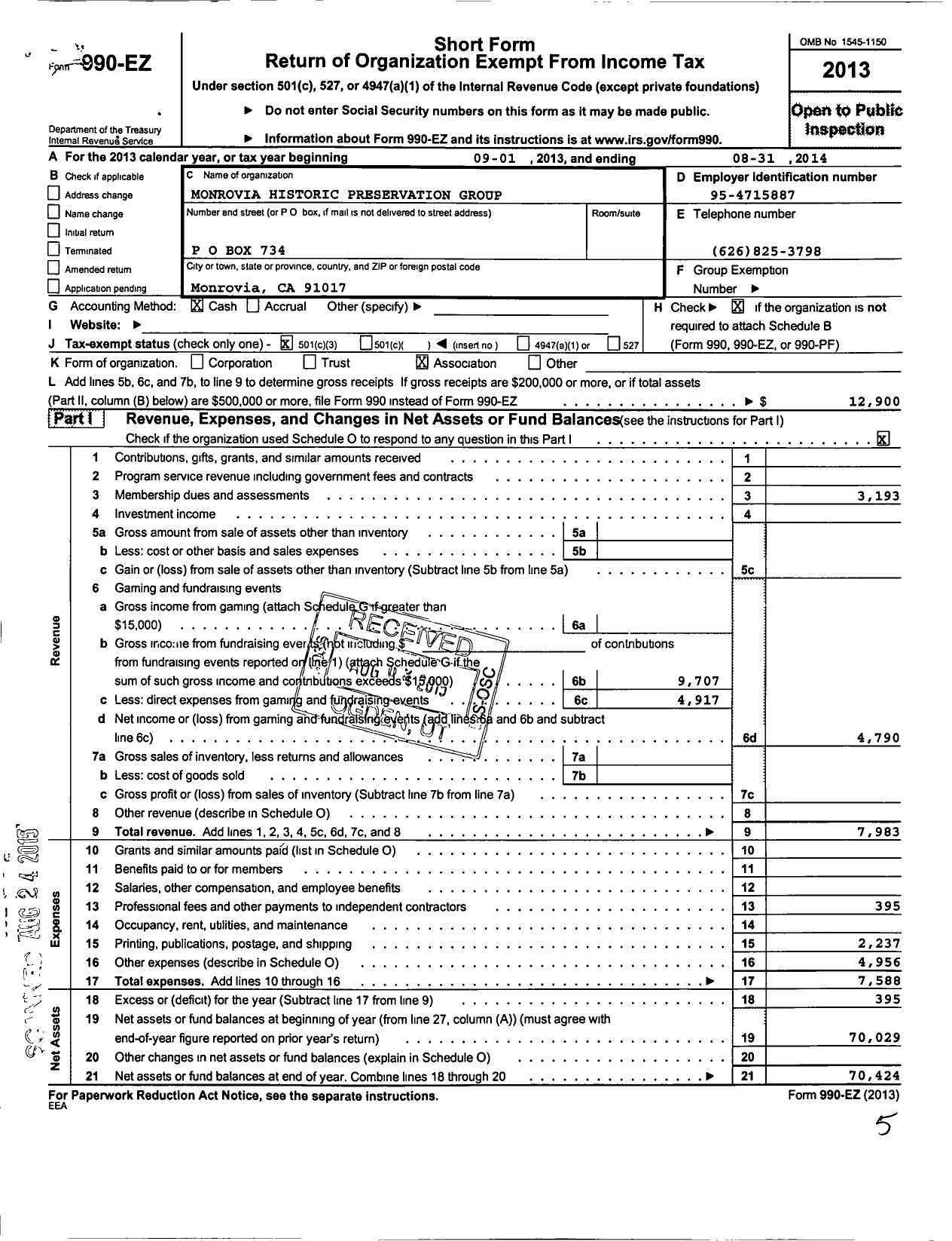 Image of first page of 2013 Form 990EZ for Monrovia Historic Preservation Group (MOHPG)