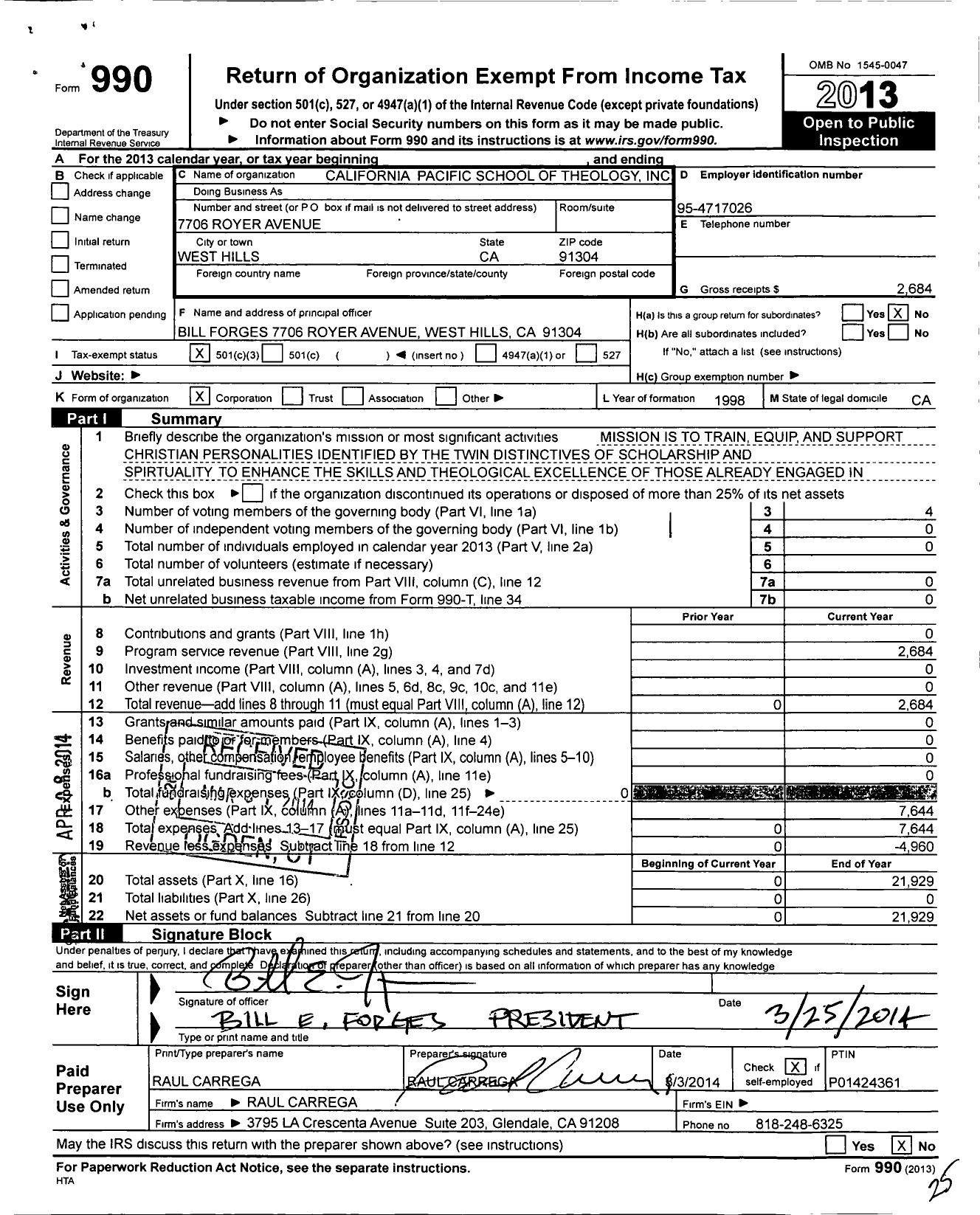 Image of first page of 2013 Form 990 for California Pacific School of Theology