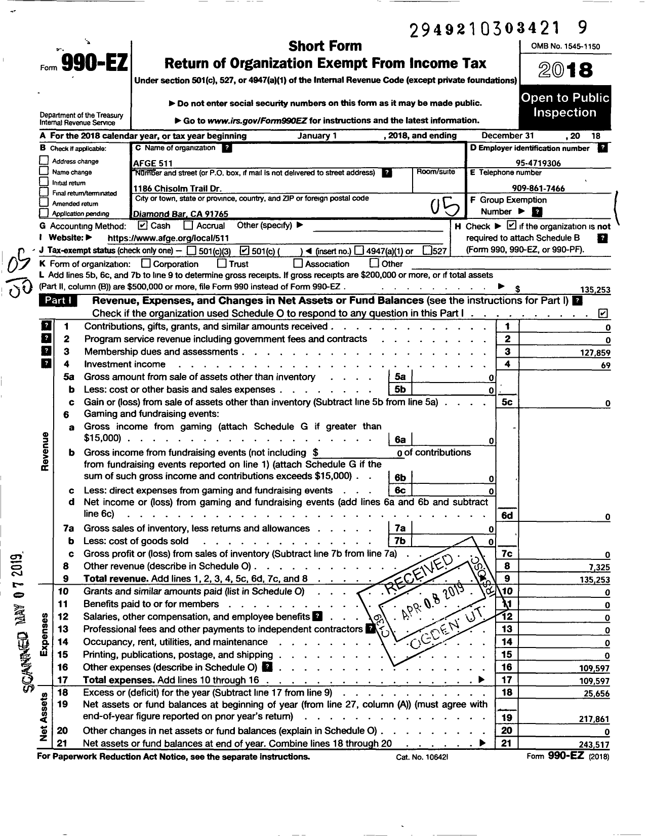 Image of first page of 2018 Form 990EO for American Federation of Government Employees - 511 Local Afge Ins