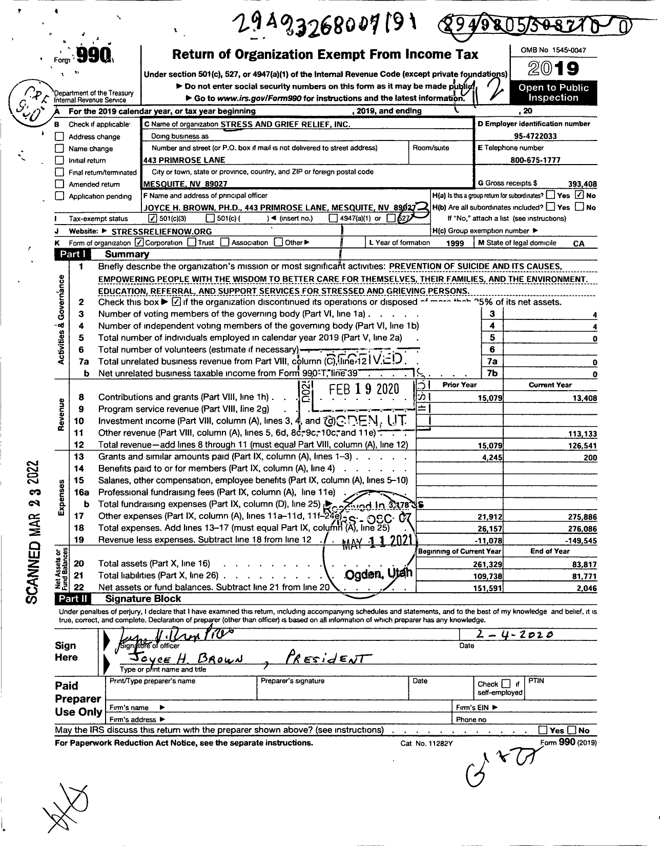 Image of first page of 2019 Form 990 for Stress and Grief Relief