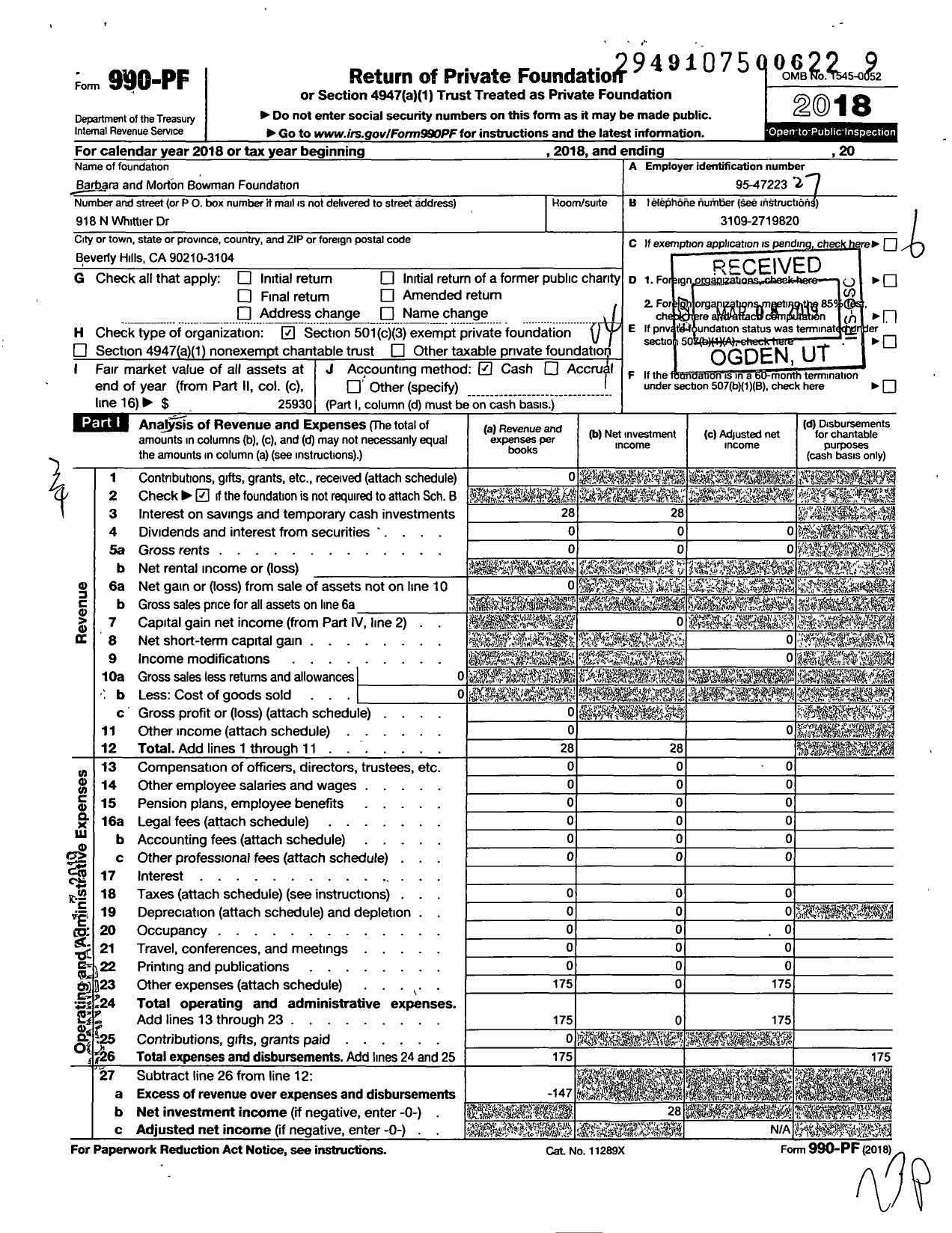 Image of first page of 2018 Form 990PF for Barbara and Morton Bowman Foundation