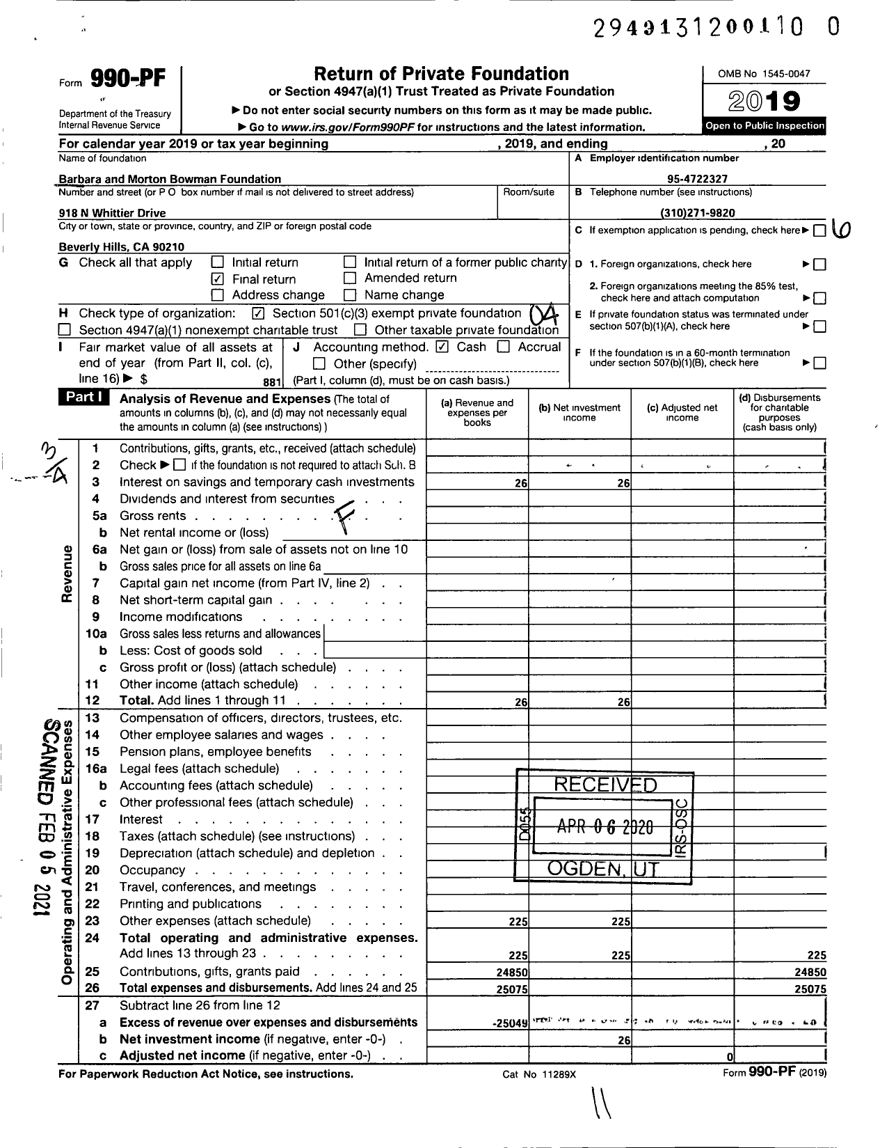 Image of first page of 2019 Form 990PF for Barbara and Morton Bowman Foundation