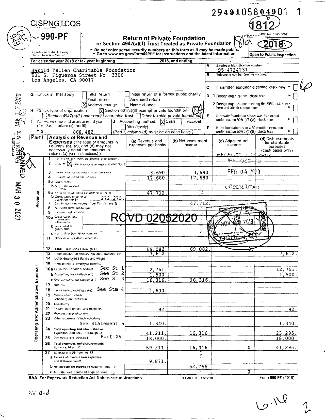 Image of first page of 2018 Form 990PF for Harold Yellen Charitable Foundation