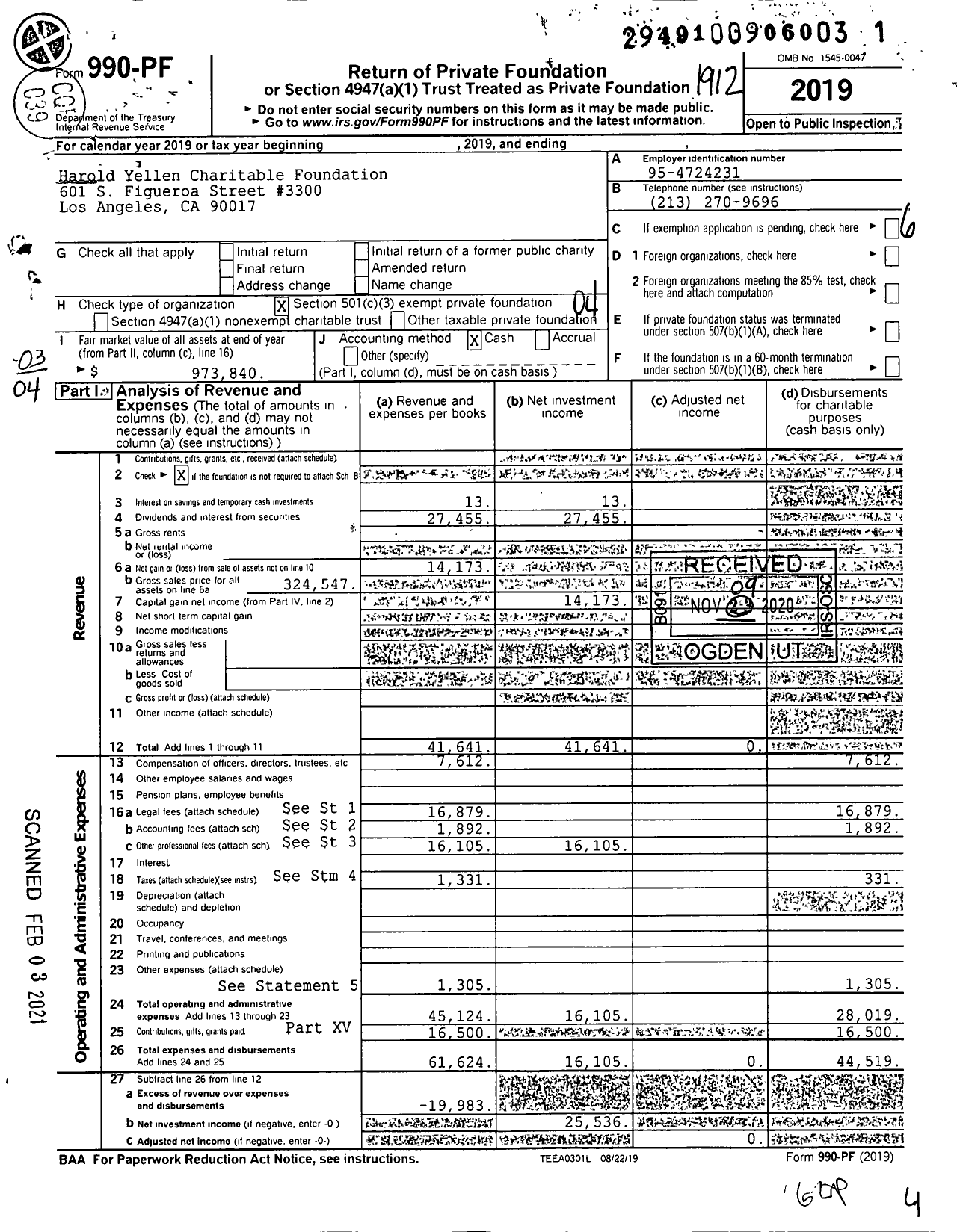 Image of first page of 2019 Form 990PF for Harold Yellen Charitable Foundation