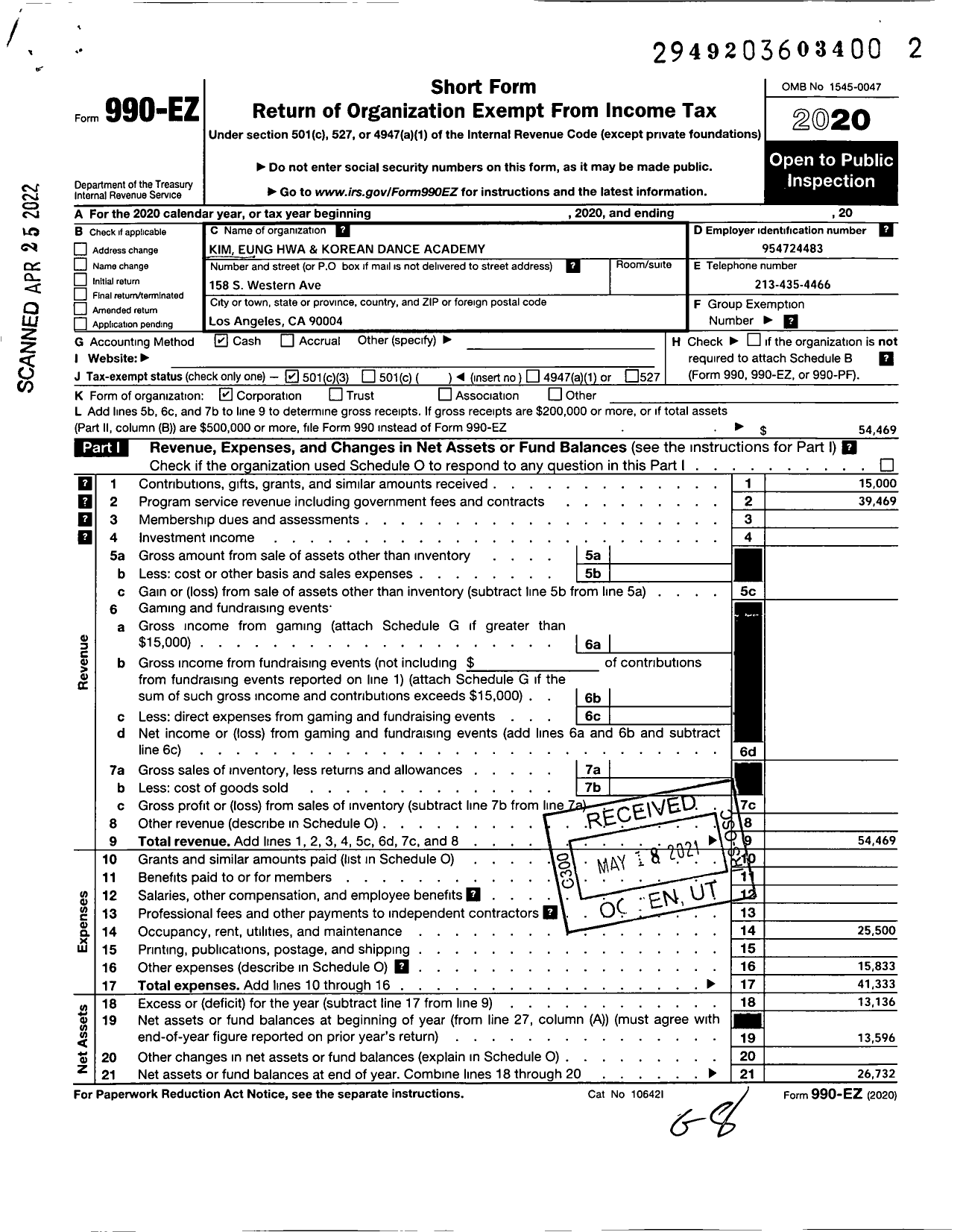 Image of first page of 2020 Form 990EZ for Kim Eung Hwa and Korean Dance Academy