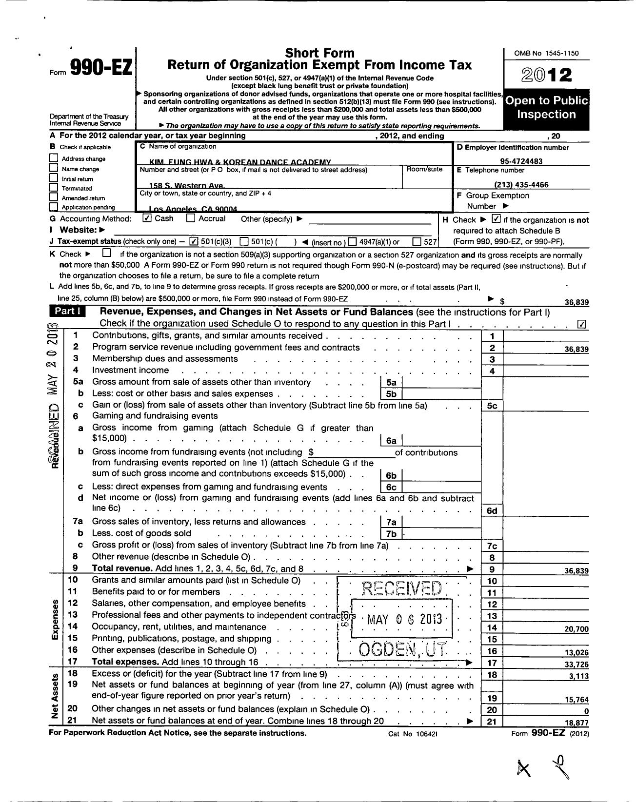 Image of first page of 2012 Form 990EZ for Kim Eung Hwa and Korean Dance Academy