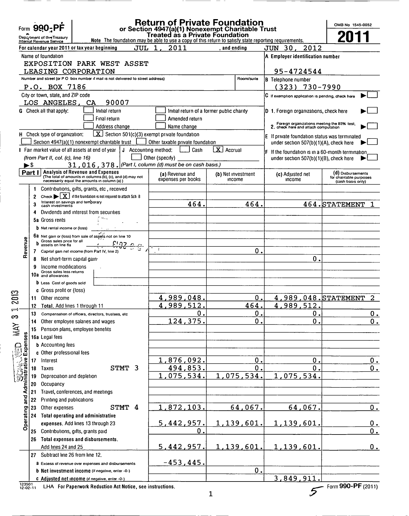 Image of first page of 2011 Form 990PF for Exposition Park West Asset Leasing Corporation