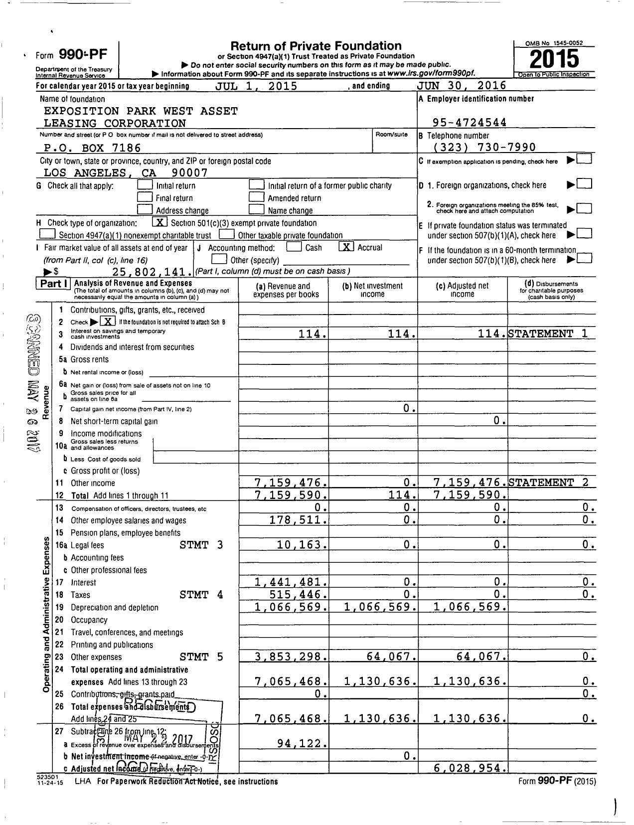 Image of first page of 2015 Form 990PF for Exposition Park West Asset Leasing Corporation