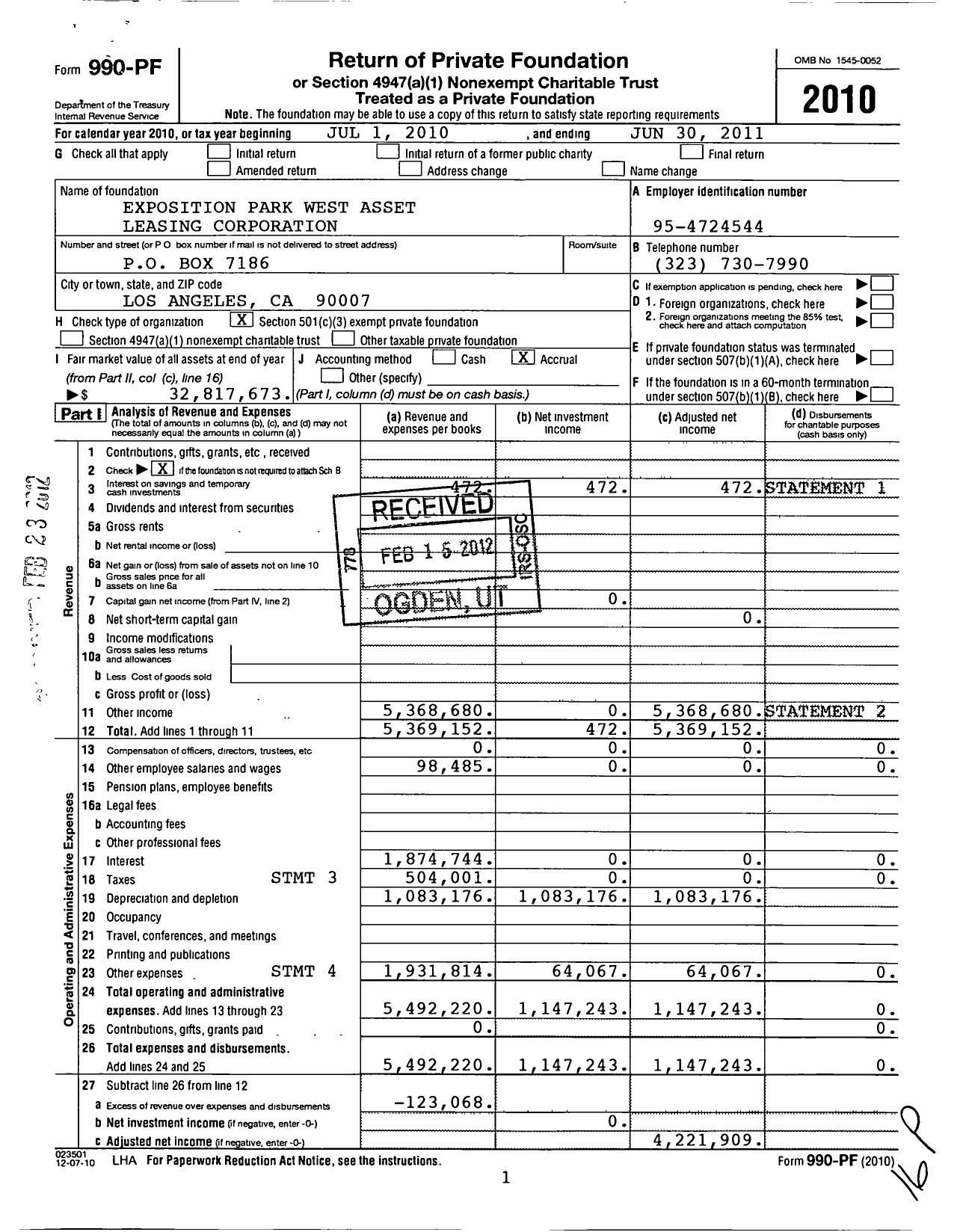 Image of first page of 2010 Form 990PF for Exposition Park West Asset Leasing Corporation