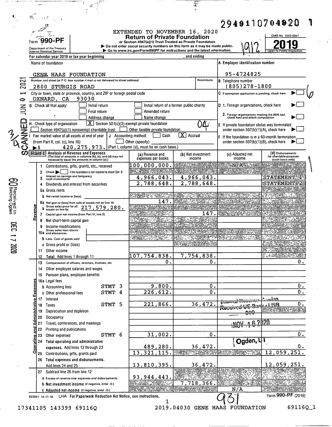 Image of first page of 2019 Form 990PF for Gene Haas Foundation