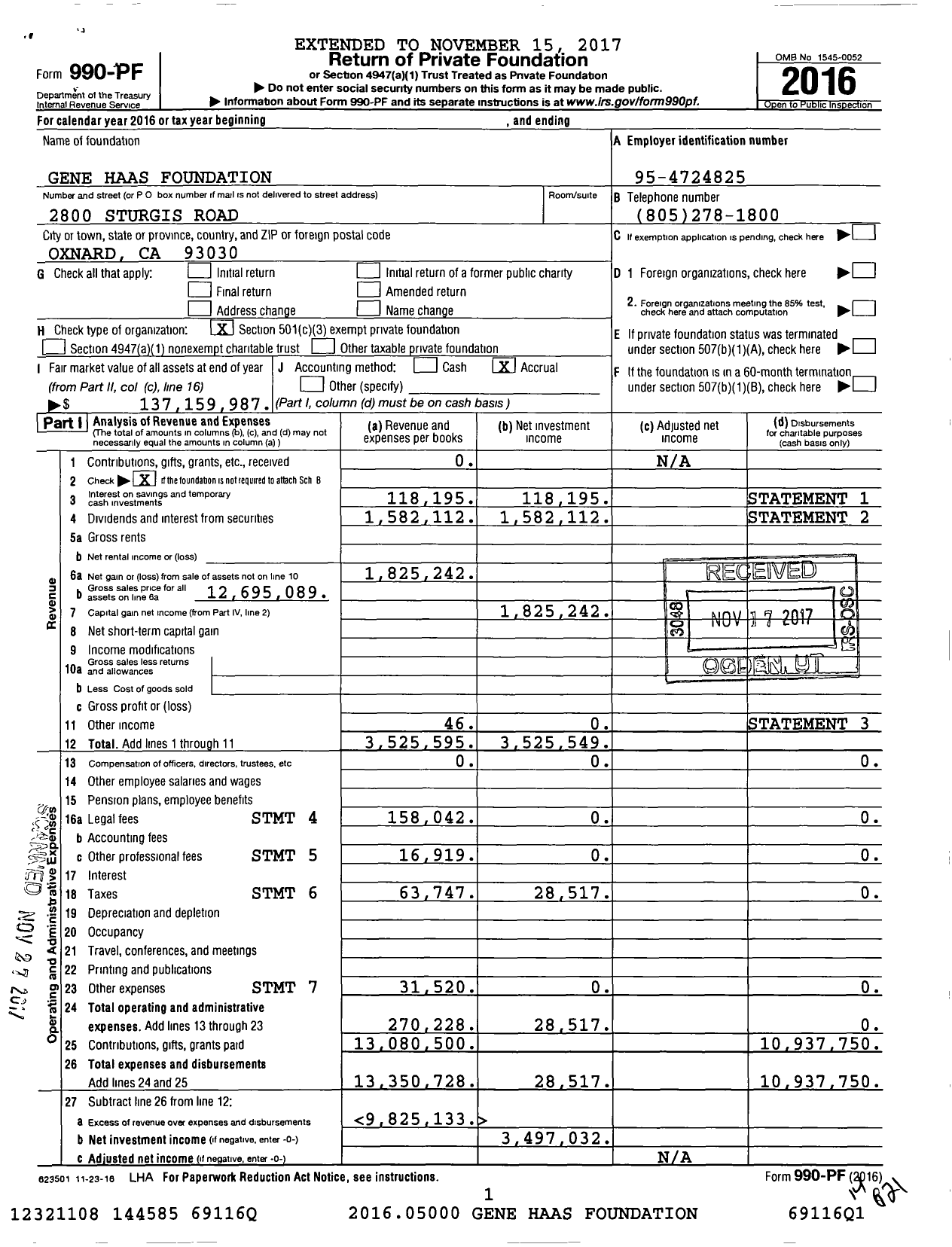 Image of first page of 2016 Form 990PF for Gene Haas Foundation