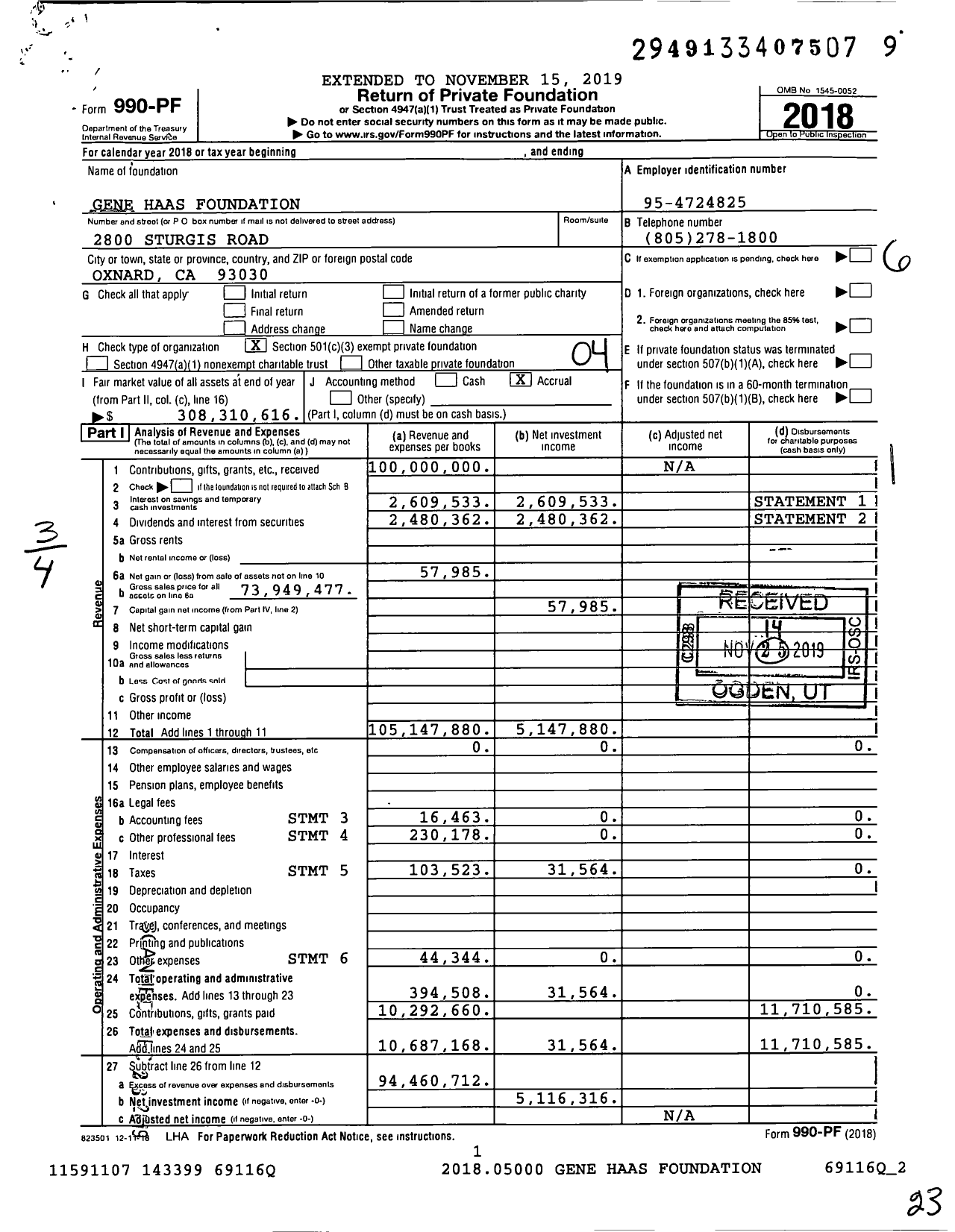 Image of first page of 2018 Form 990PF for Gene Haas Foundation