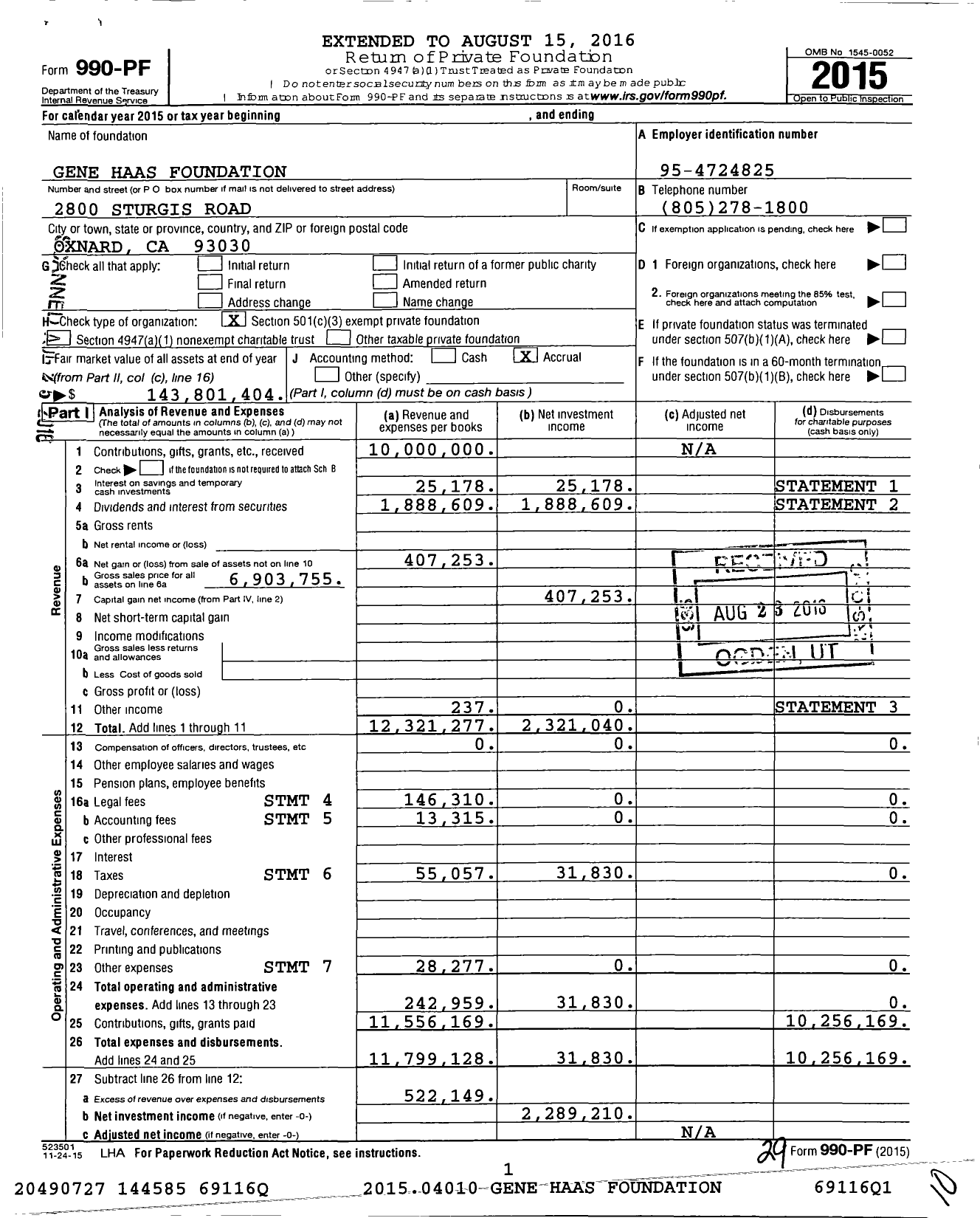Image of first page of 2015 Form 990PF for Gene Haas Foundation