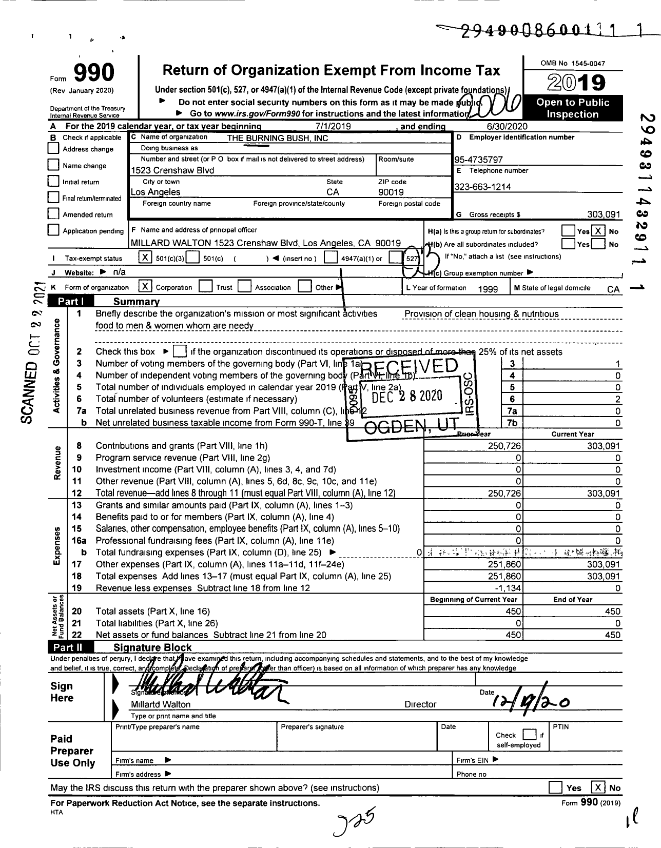 Image of first page of 2019 Form 990 for Burning Bush