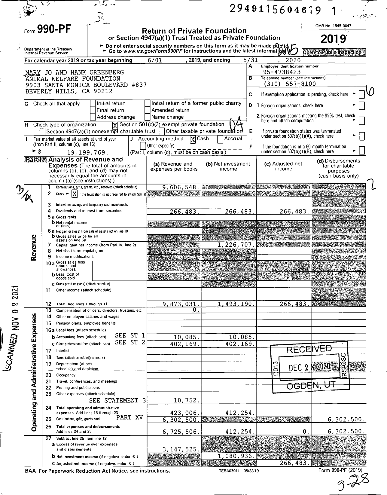 Image of first page of 2019 Form 990PF for MARY JO AND HANK GREENBERG ANIMAL WELFARE Foundation