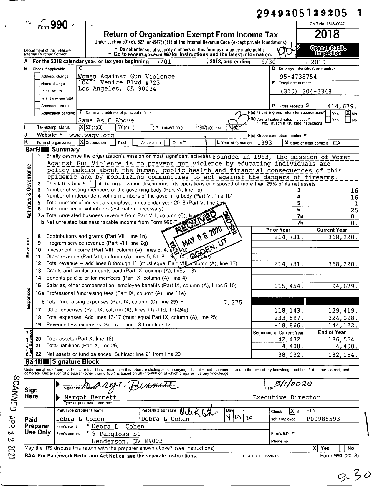 Image of first page of 2018 Form 990 for Women Against Gun Violence