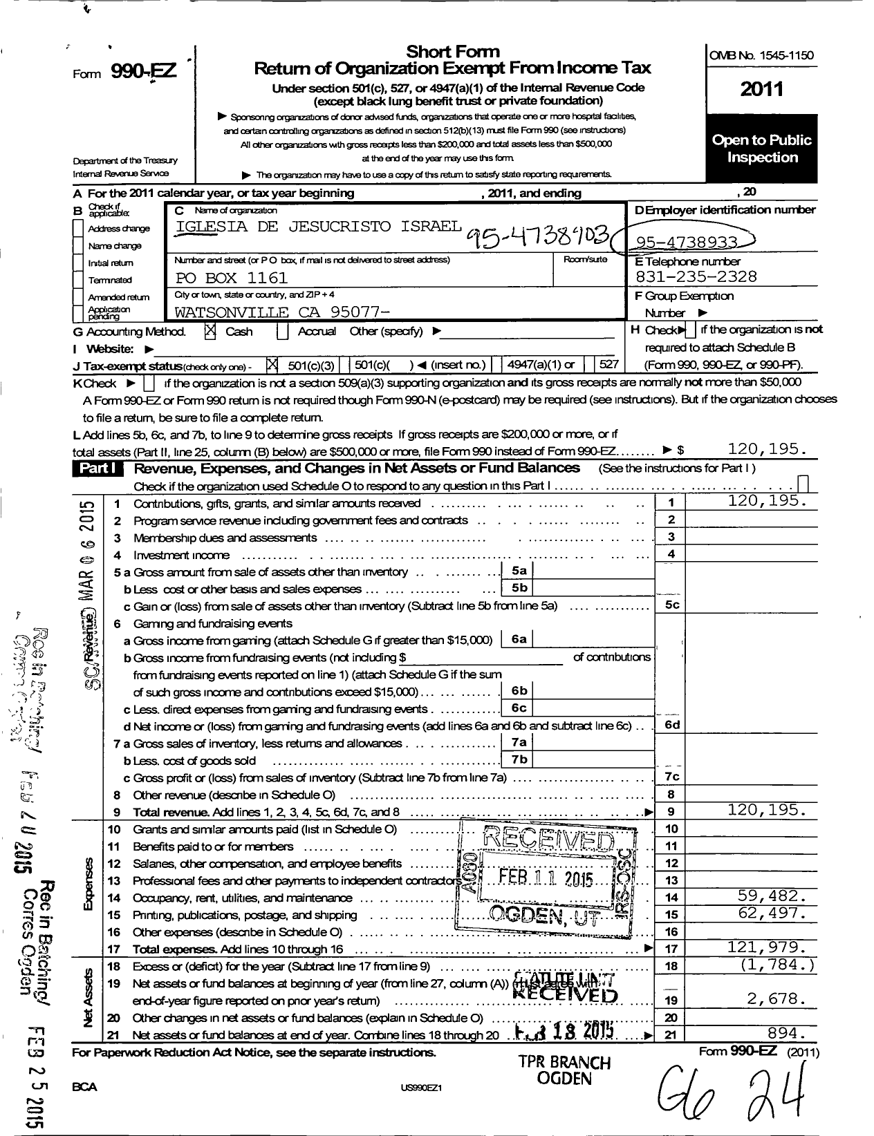 Image of first page of 2011 Form 990EZ for Iglesia de Jesucristo Israel