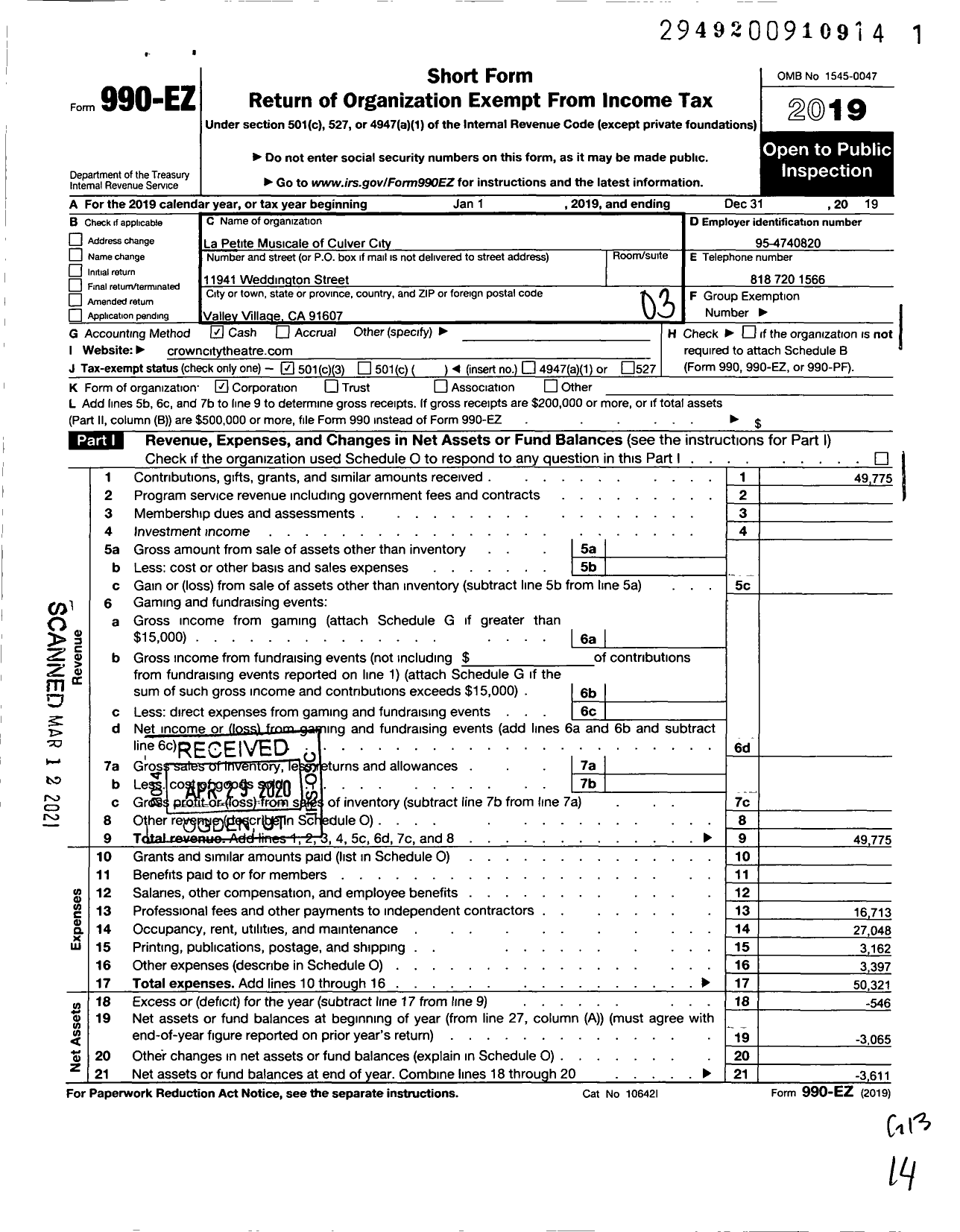 Image of first page of 2019 Form 990EZ for La Petite Musicale of Culver City